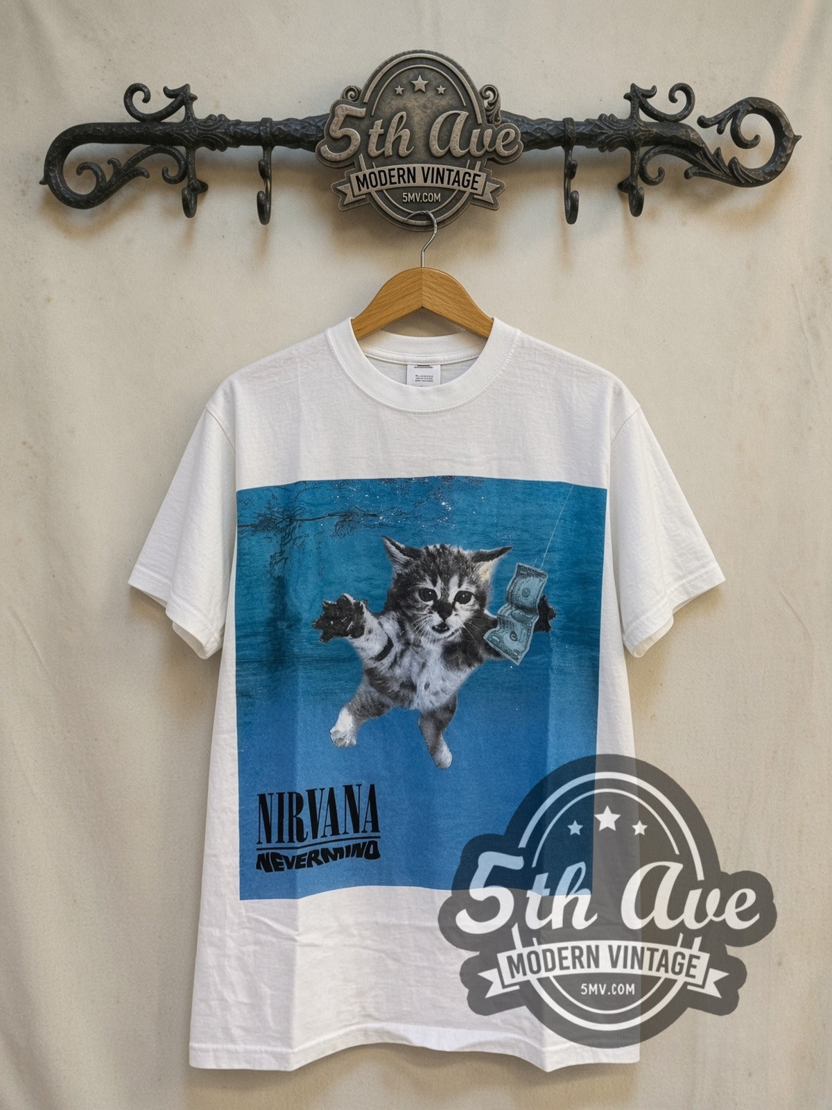 Nirvana Nevermind Kitten Parody Cat Breeds vintage band t-shirt in white, front view on the 5MV rack