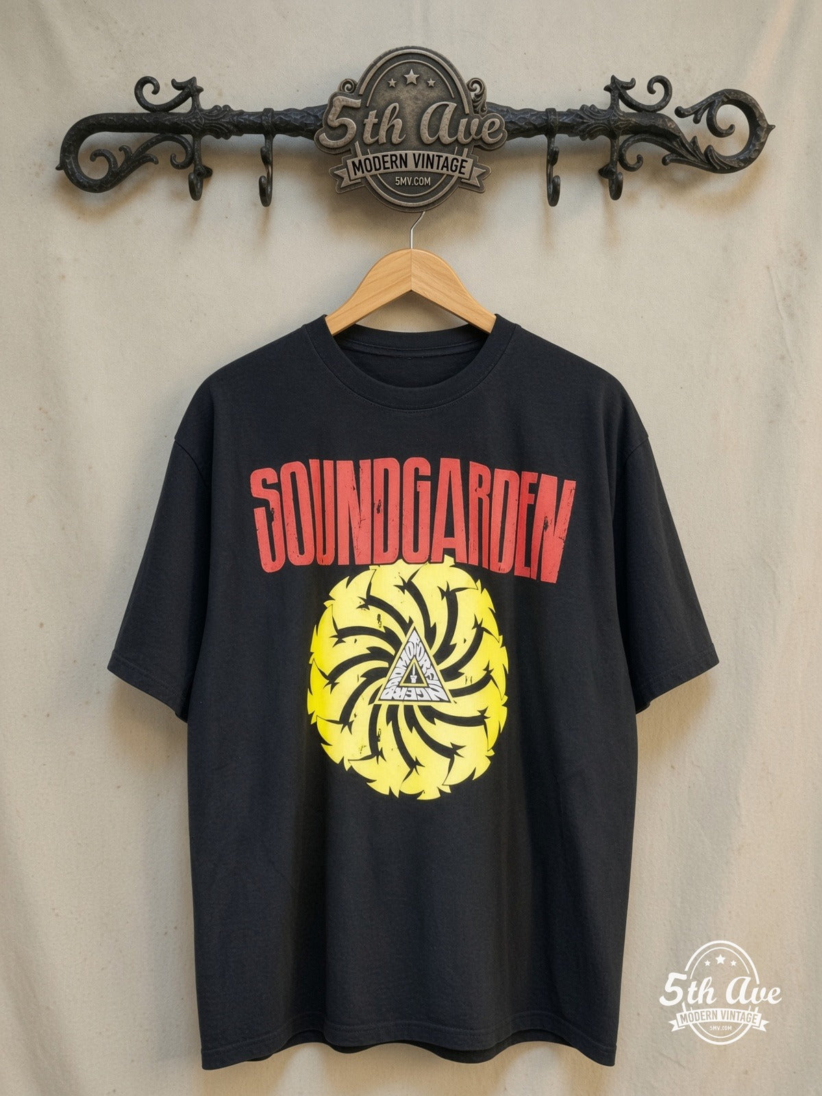 Soundgarden – Badmotorfinger – Vintage Band T-Shirt — front on locked cream ornate 5th Ave rack