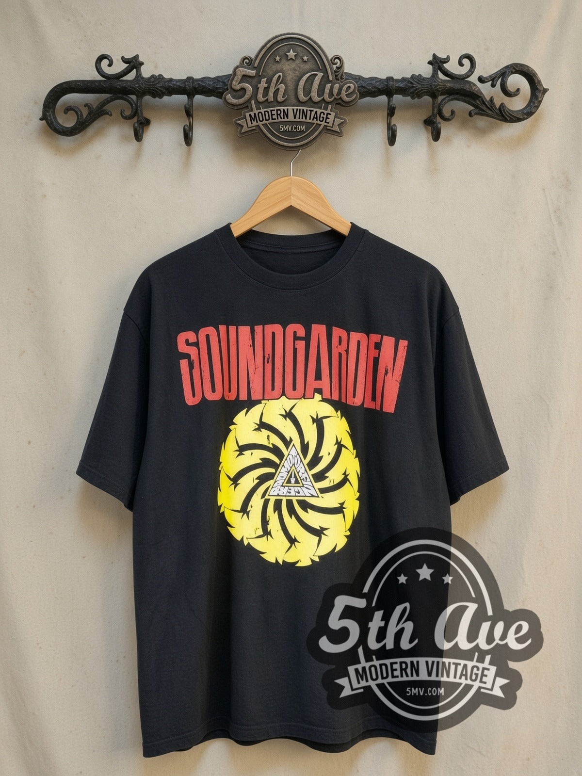 Soundgarden Badmotorfinger vintage band t-shirt, front view on a display rack