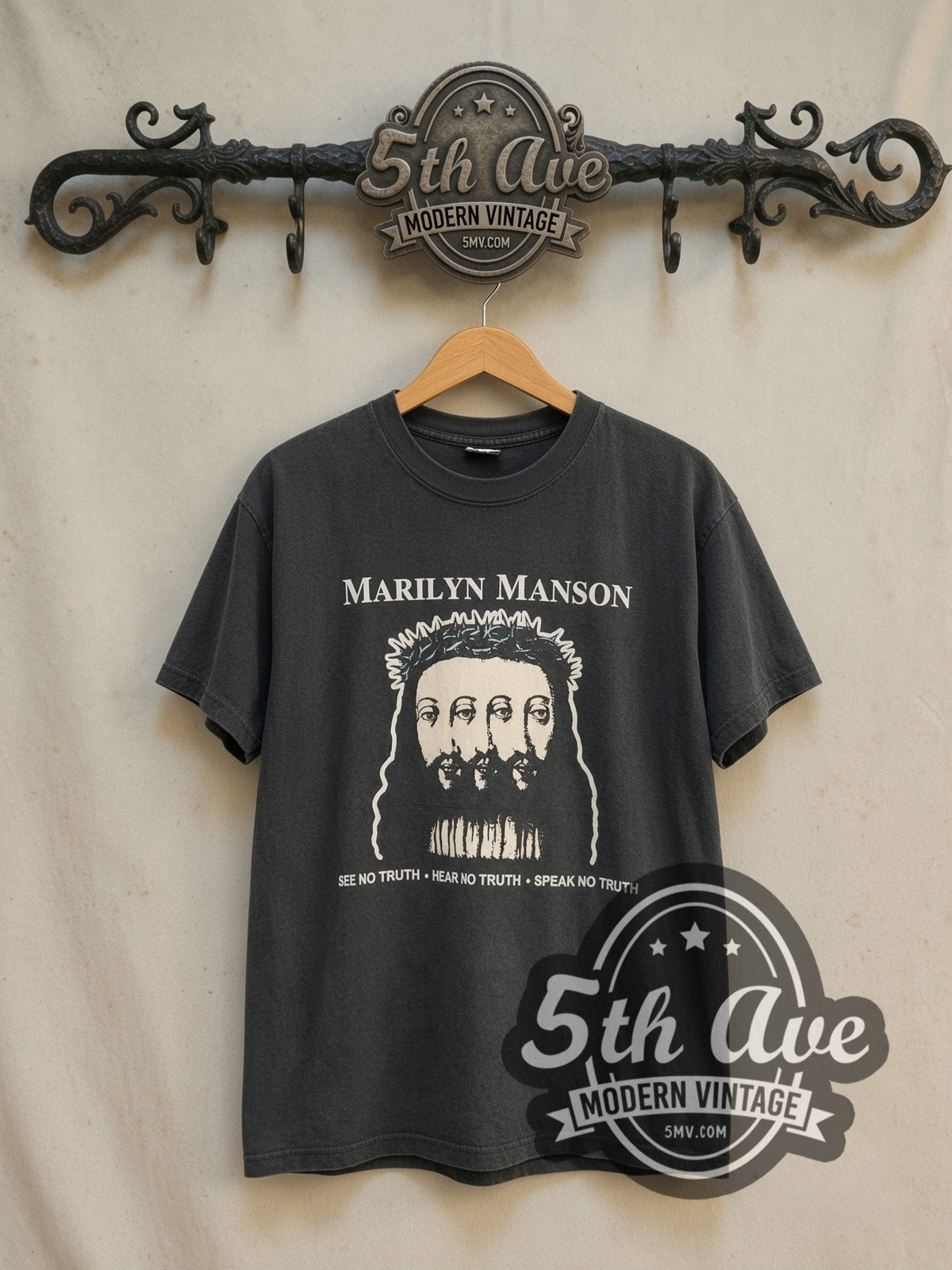 Marilyn Manson Believe vintage band t-shirt in black, front view on the 5MV rack