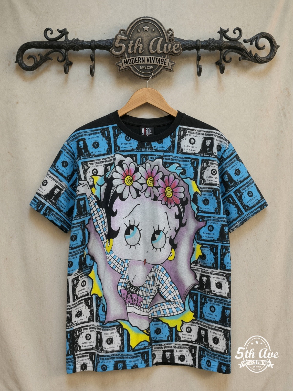 Betty Boop Vintage Animation T-Shirt – Iconic Design – All Over Print — front on locked cream ornate 5th Ave rack