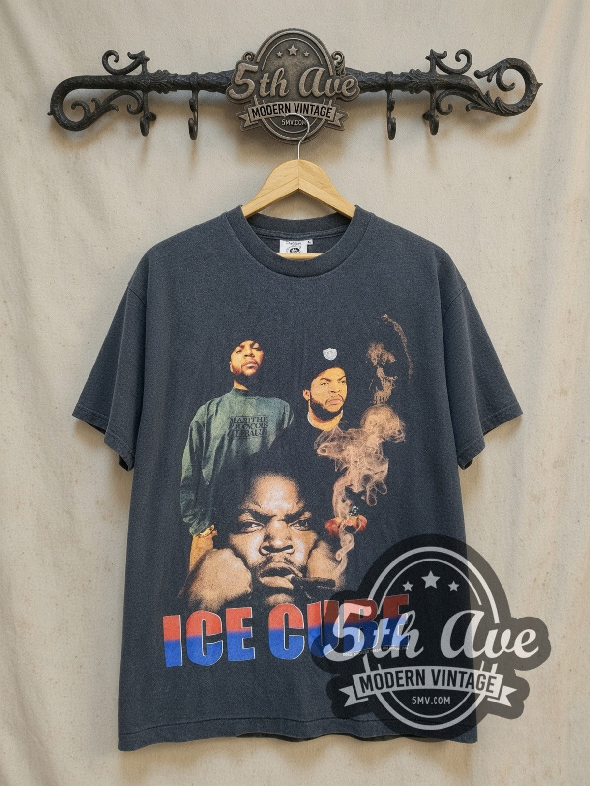 Ice Cube vintage band t-shirt, front view on a display rack