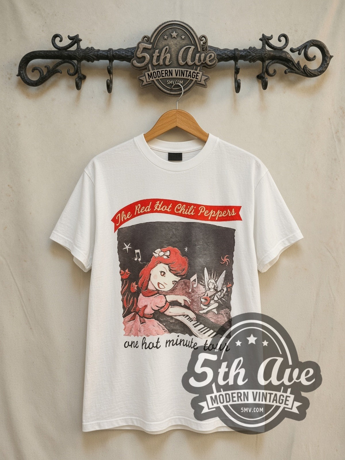 Red Hot Chili Peppers One Hot Minute Tour 1996 vintage band t-shirt in white, front view on the 5MV rack