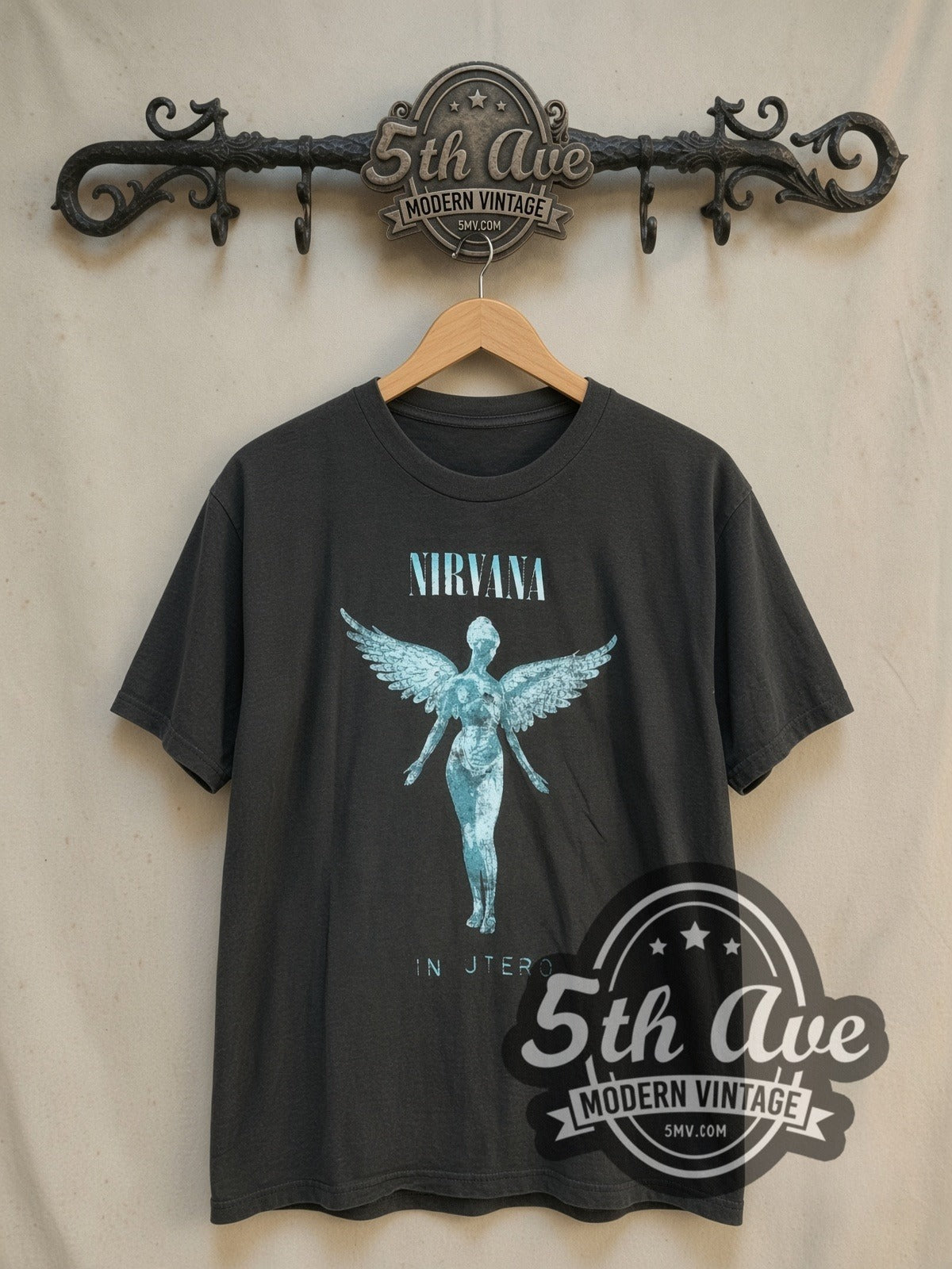 Nirvana In Utero Weathered Teal Angel vintage band t-shirt, front view on the 5MV rack