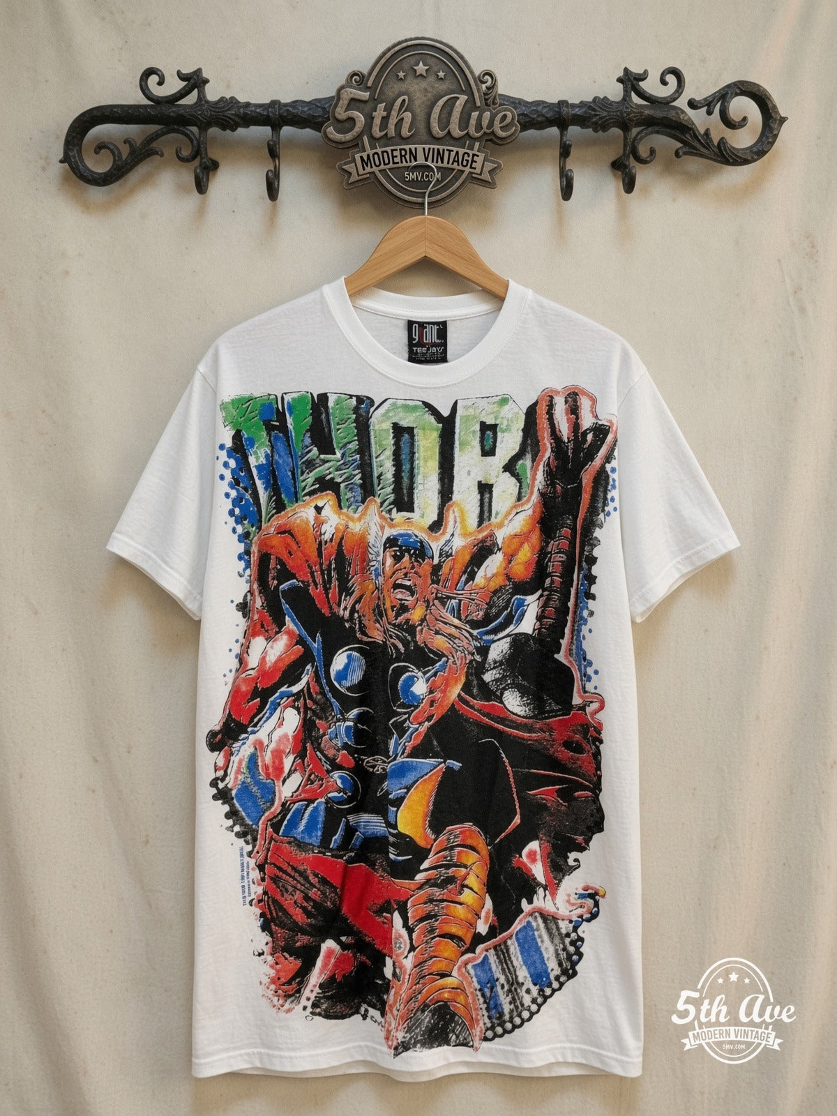 Marvel – Thor Odinson Mjolnir Comic White All Over Print – Vintage Graphic Tee — front on locked cream ornate 5th Ave rack