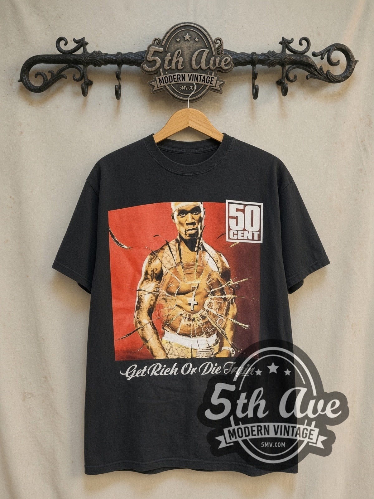 50 Cent Get Rich or Die Tryin' The Final Lap Tour 2003 vintage rap tee in black, front view on a display rack