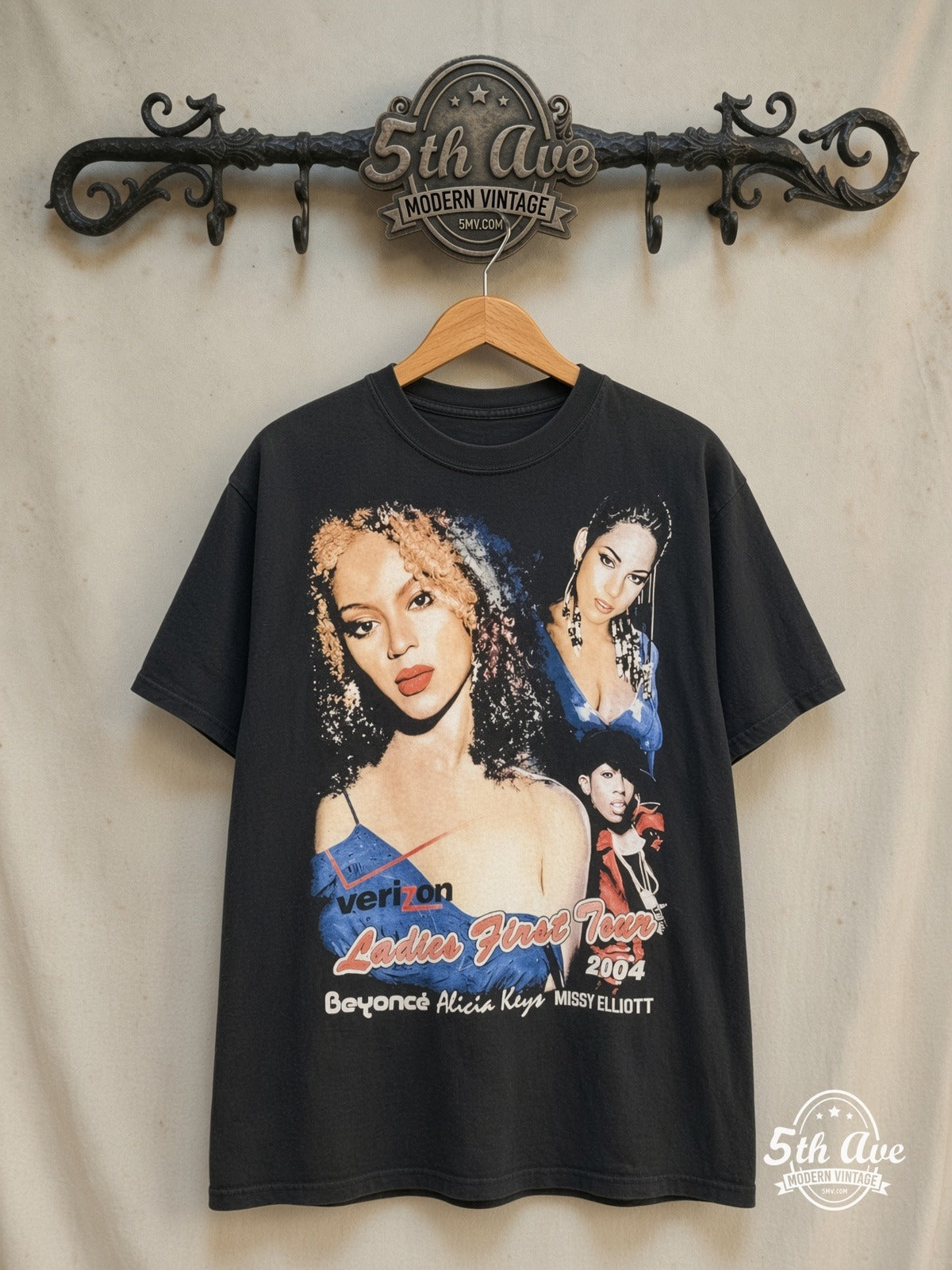 Beyoncé, Alicia Keys and Missy Elliott – Verizon Ladies First Tour 2004 – Vintage Band T-Shirt — front on locked cream ornate 5th Ave rack