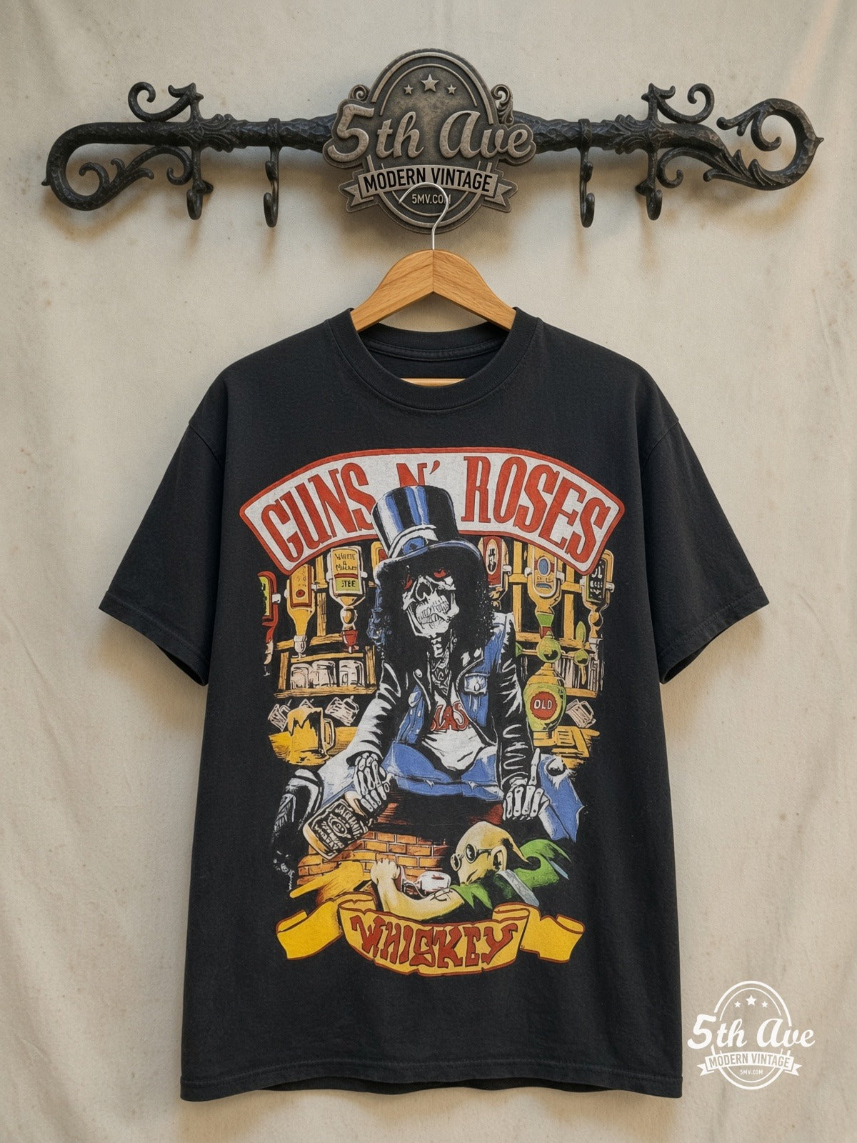 Guns N' Roses – Whiskey – All Over Print – Vintage Band T-Shirt — front on locked cream ornate 5th Ave rack