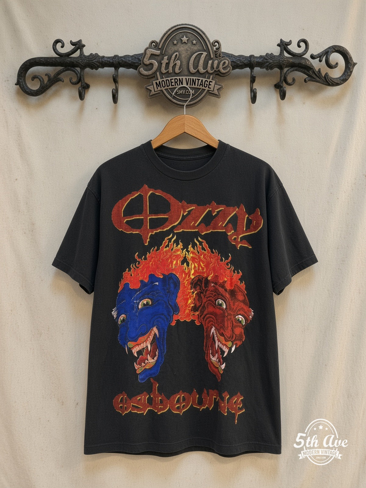Ozzy Osbourne – Flaming Faces – Vintage Band T-Shirt — front on locked cream ornate 5th Ave rack