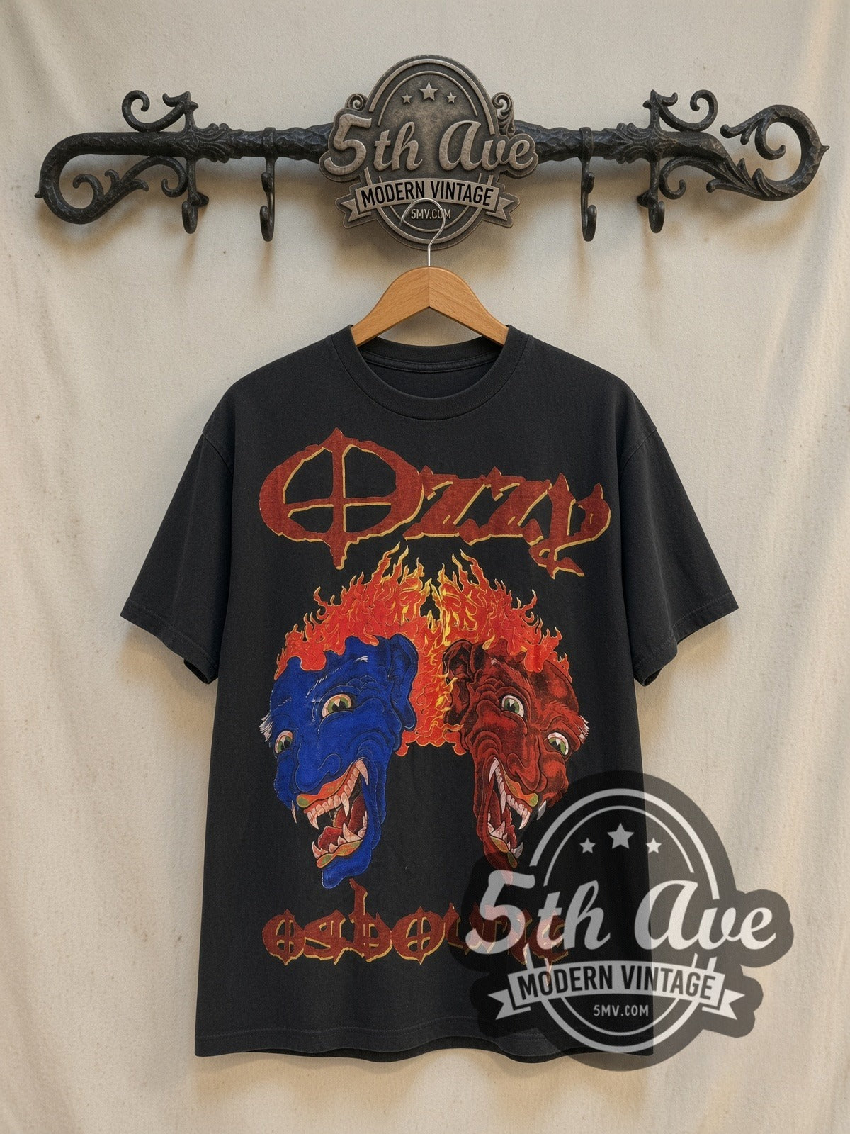 Ozzy Osbourne Flaming Faces vintage band t-shirt in black, front view on the 5MV rack