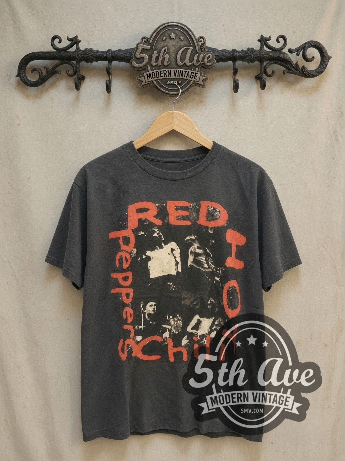 Red Hot Chili Peppers Orange Frame Live Band Photo Collage vintage band t-shirt, front view on a display rack