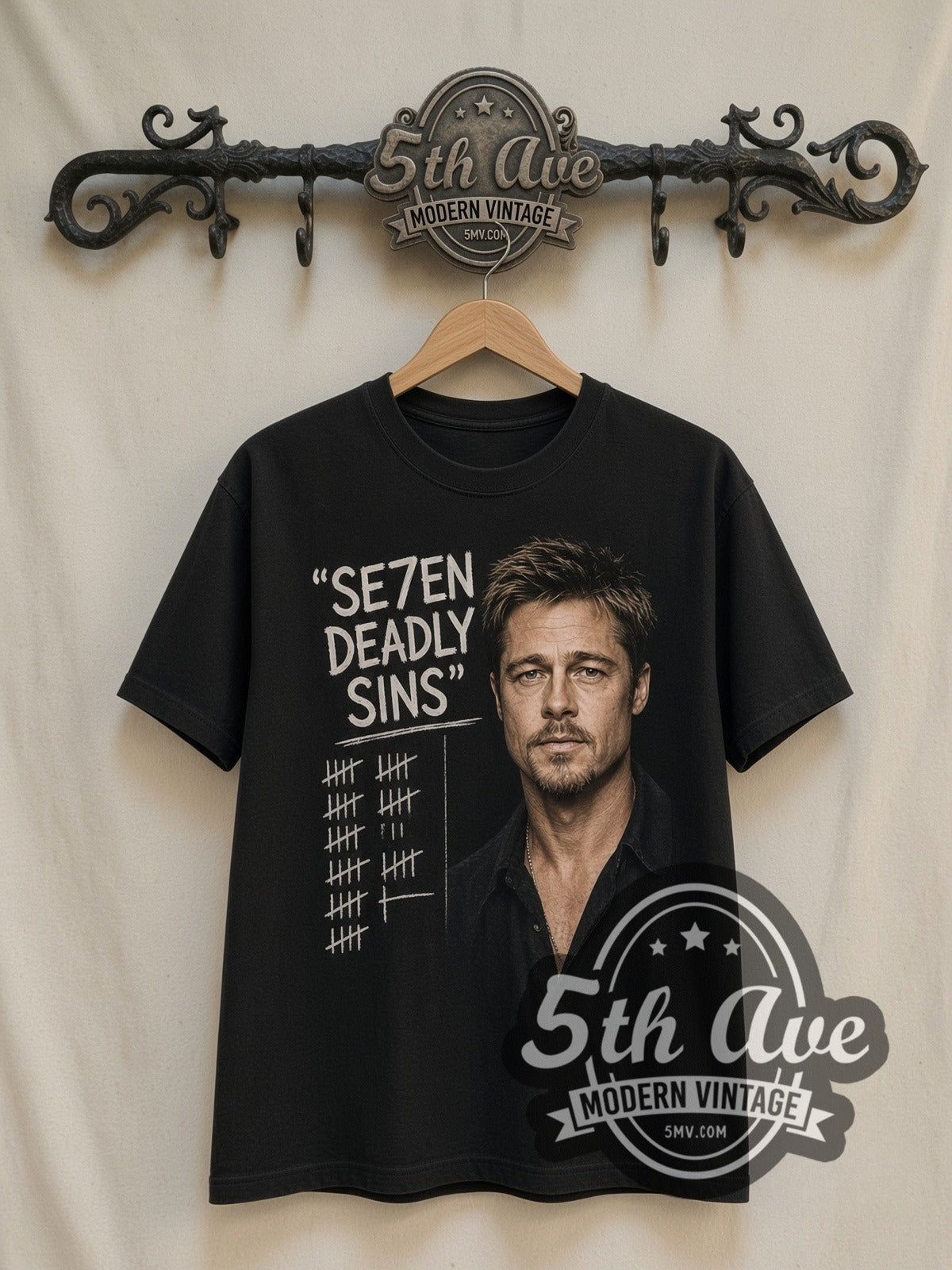 Se7en Seven Deadly Sins vintage graphic t-shirt, front view on a display rack