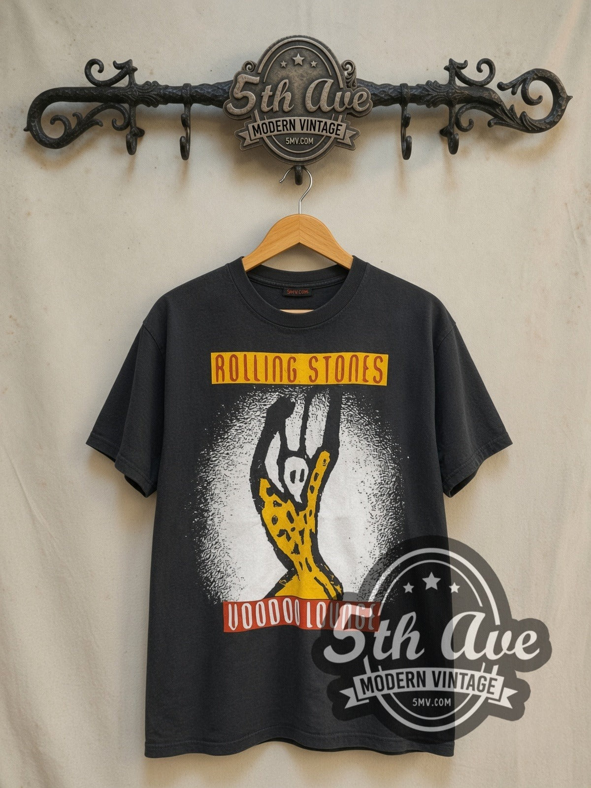 The Rolling Stones Voodoo Lounge European Tour 1995 vintage band t-shirt in black, front view on a display rack