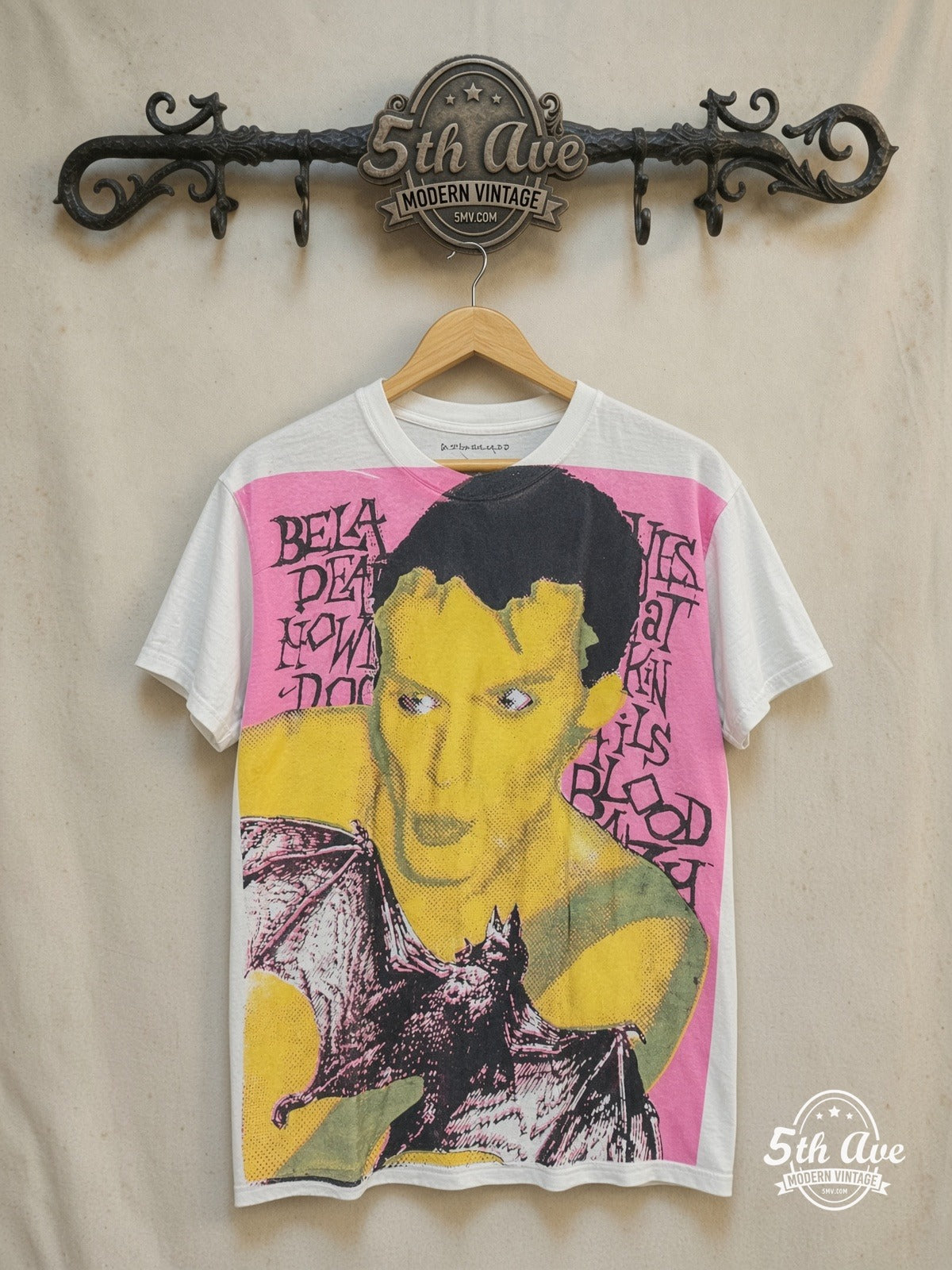 Peter Murphy / Bauhaus – Vintage Band T-Shirt — front on locked cream ornate 5th Ave rack