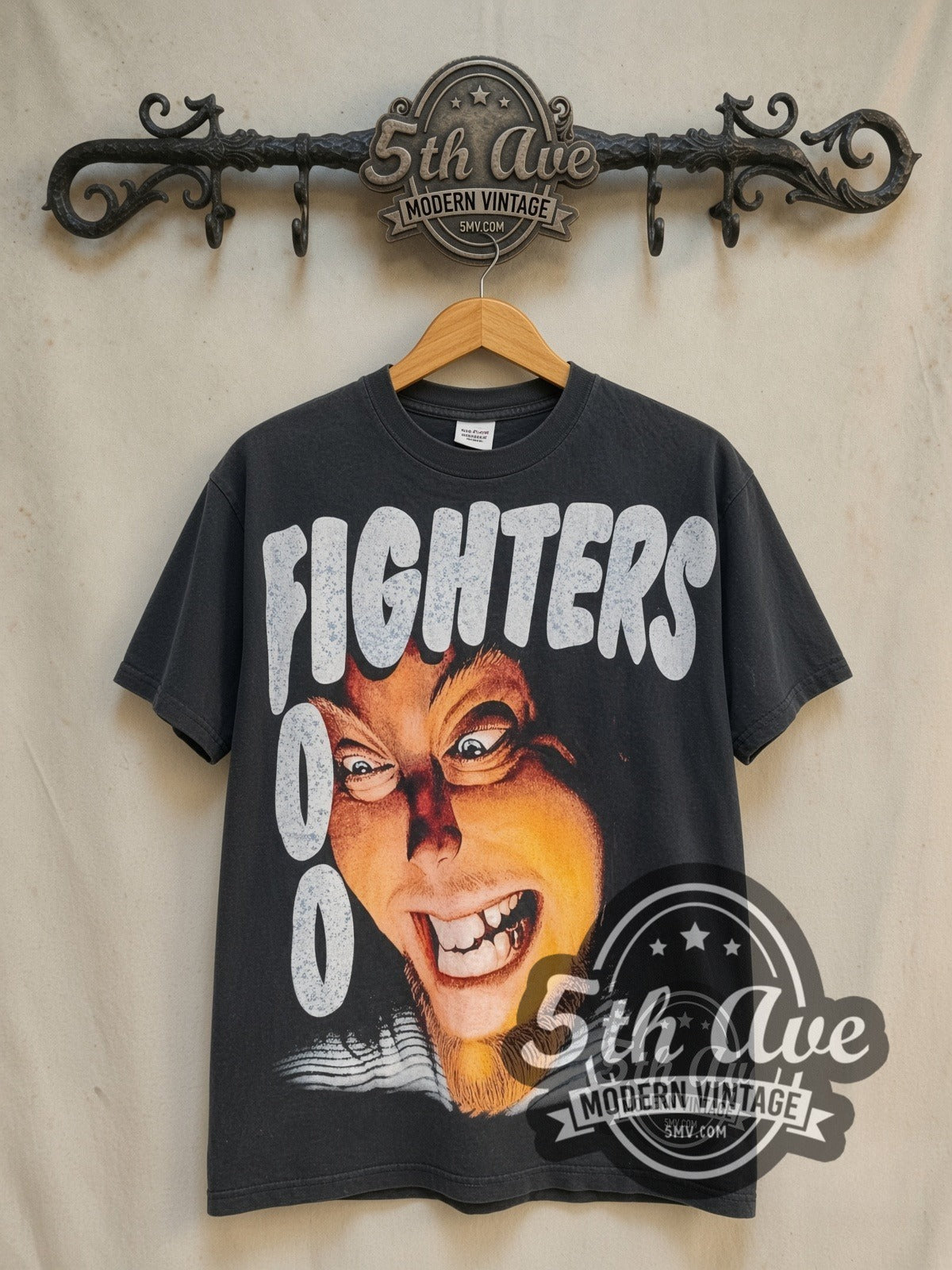 Foo Fighters Exhausted vintage band t-shirt in black, front view on the 5MV rack