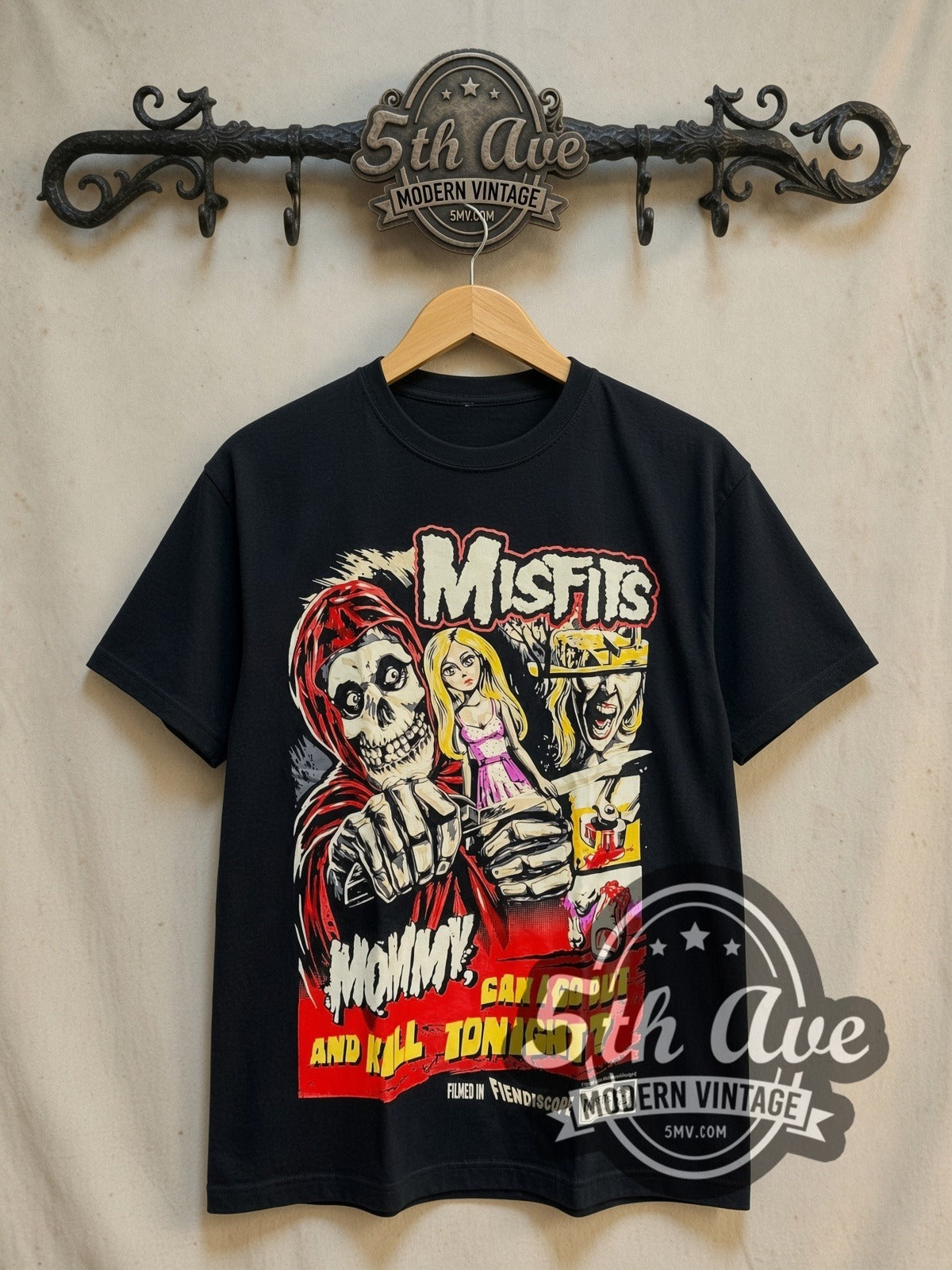 Misfits Mommy vintage band t-shirt, front view on a display rack