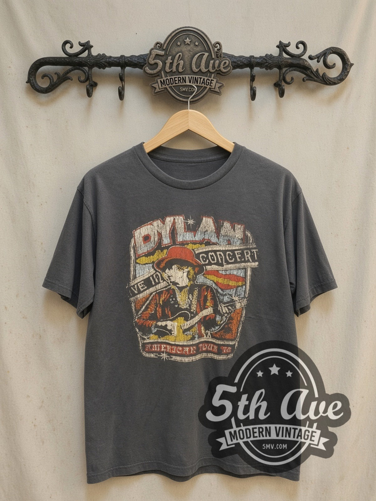 Bob Dylan vintage band t-shirt, front view on a display rack