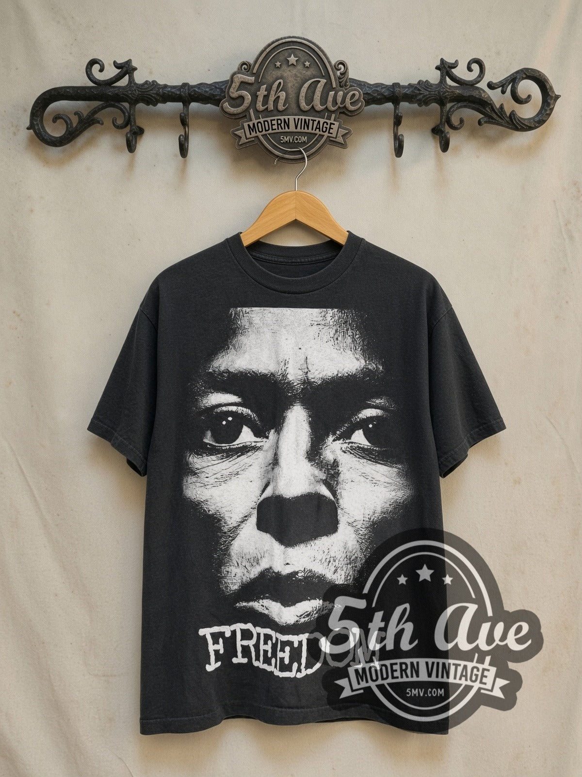 Anarchic Adjustment Freedom vintage graphic t-shirt, front view on a display rack