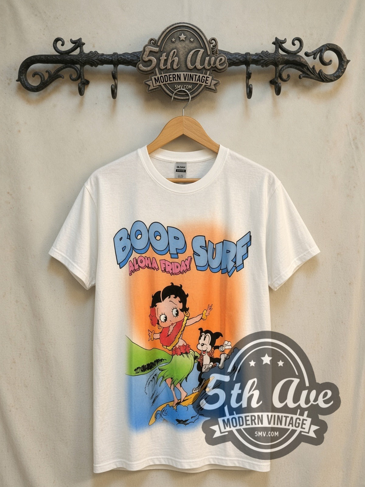 Betty Boop Boop Surf Aloha Friday vintage cartoon tee, front view on a display rack