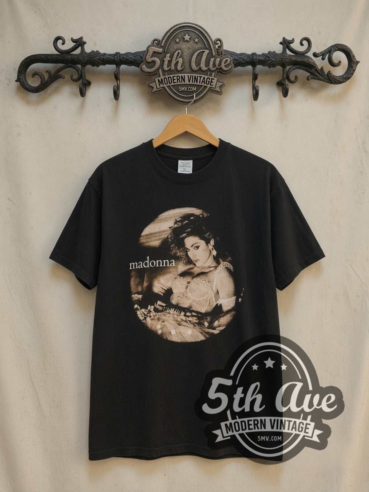 Madonna Virgin Tour 1985 Lace Portrait vintage band t-shirt, front view on a display rack