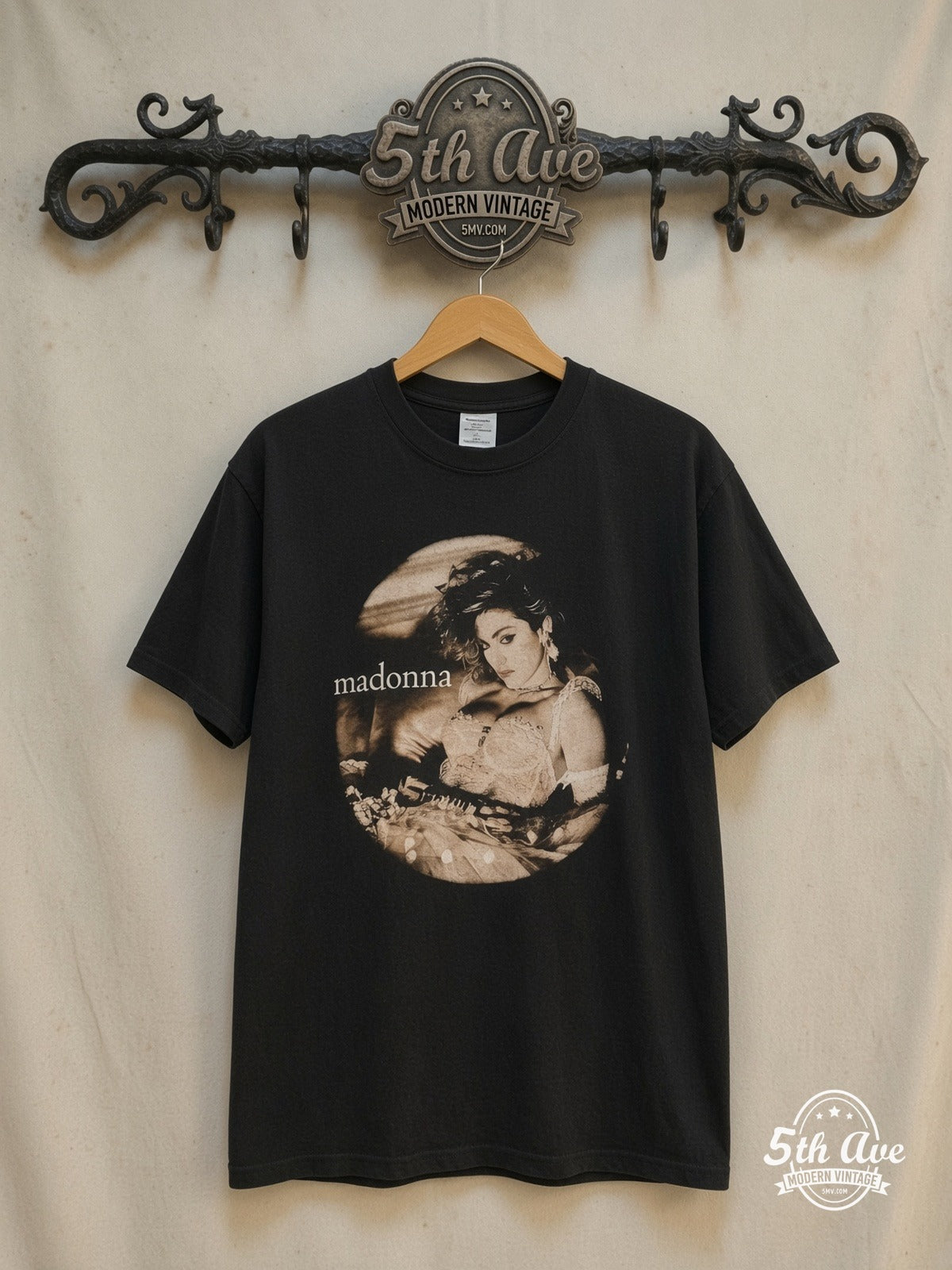 Madonna – Virgin Tour 1985 Lace Portrait – Vintage Band T-Shirt — front on locked cream ornate 5th Ave rack