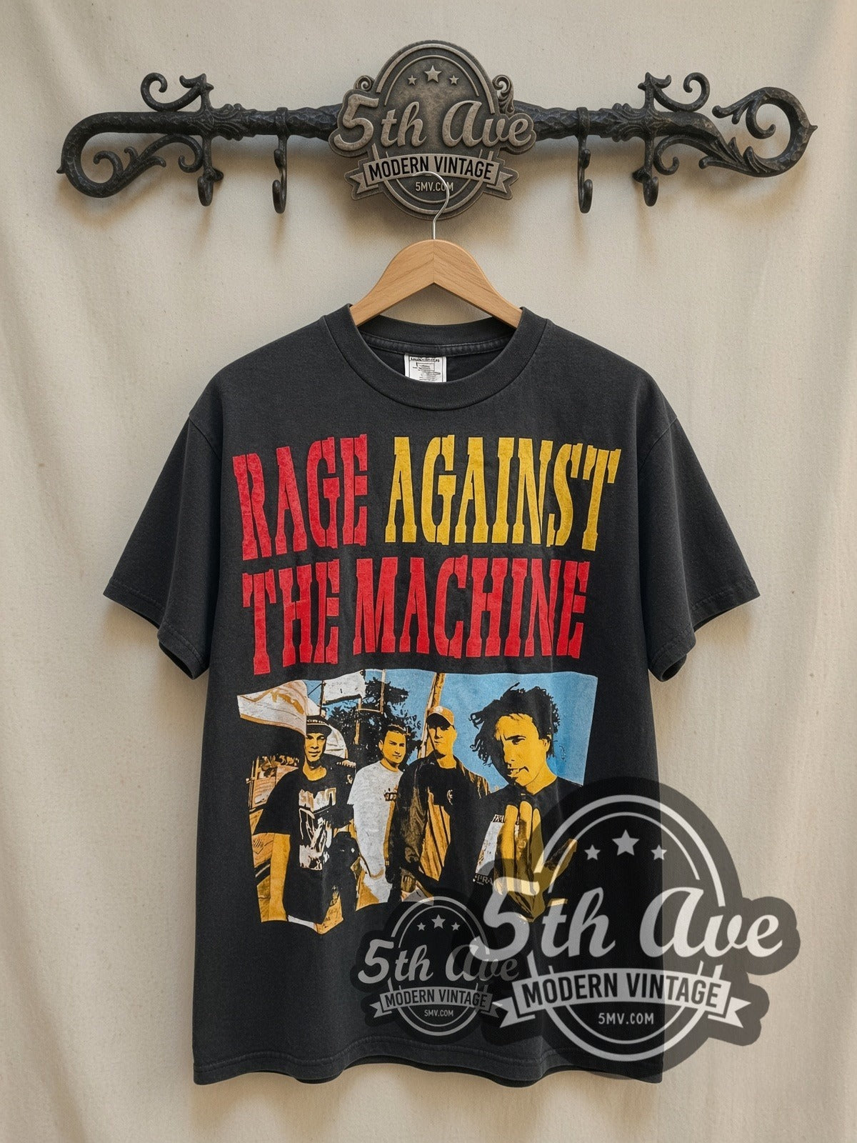 Rage Against the Machine Against All Odds vintage band t-shirt in black, front view on the 5MV rack
