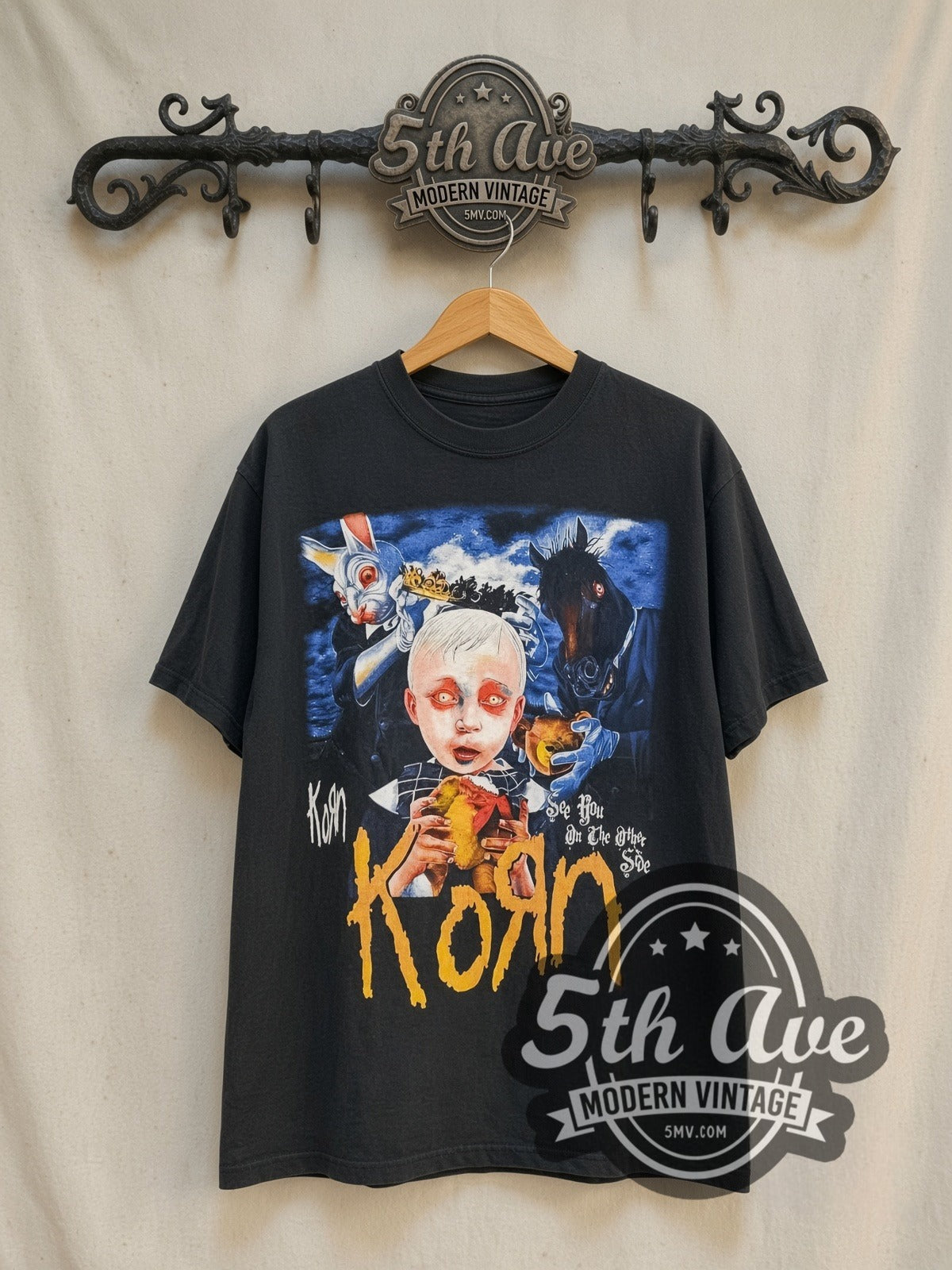 Korn See You on the Other Side Tour' 2006 vintage band t-shirt in black, front view on a display rack