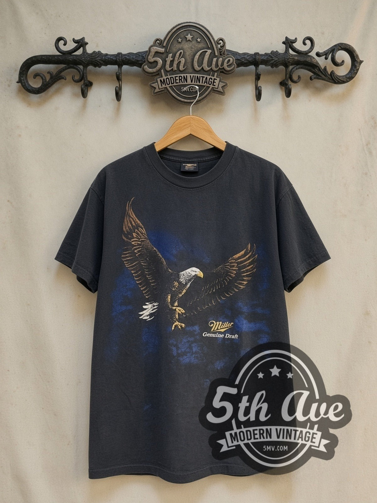 Miller Genuine Draft vintage graphic tee in black, front view on the 5MV rack
