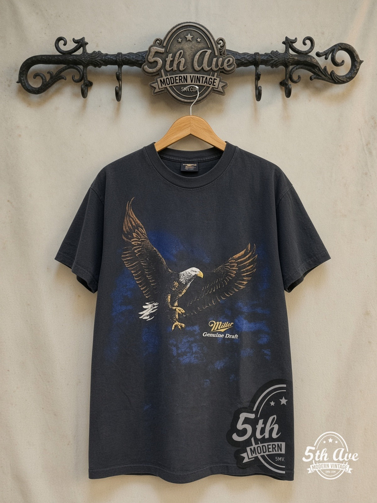 Miller Genuine Draft – Vintage Graphic Tee — front on locked cream ornate 5th Ave rack