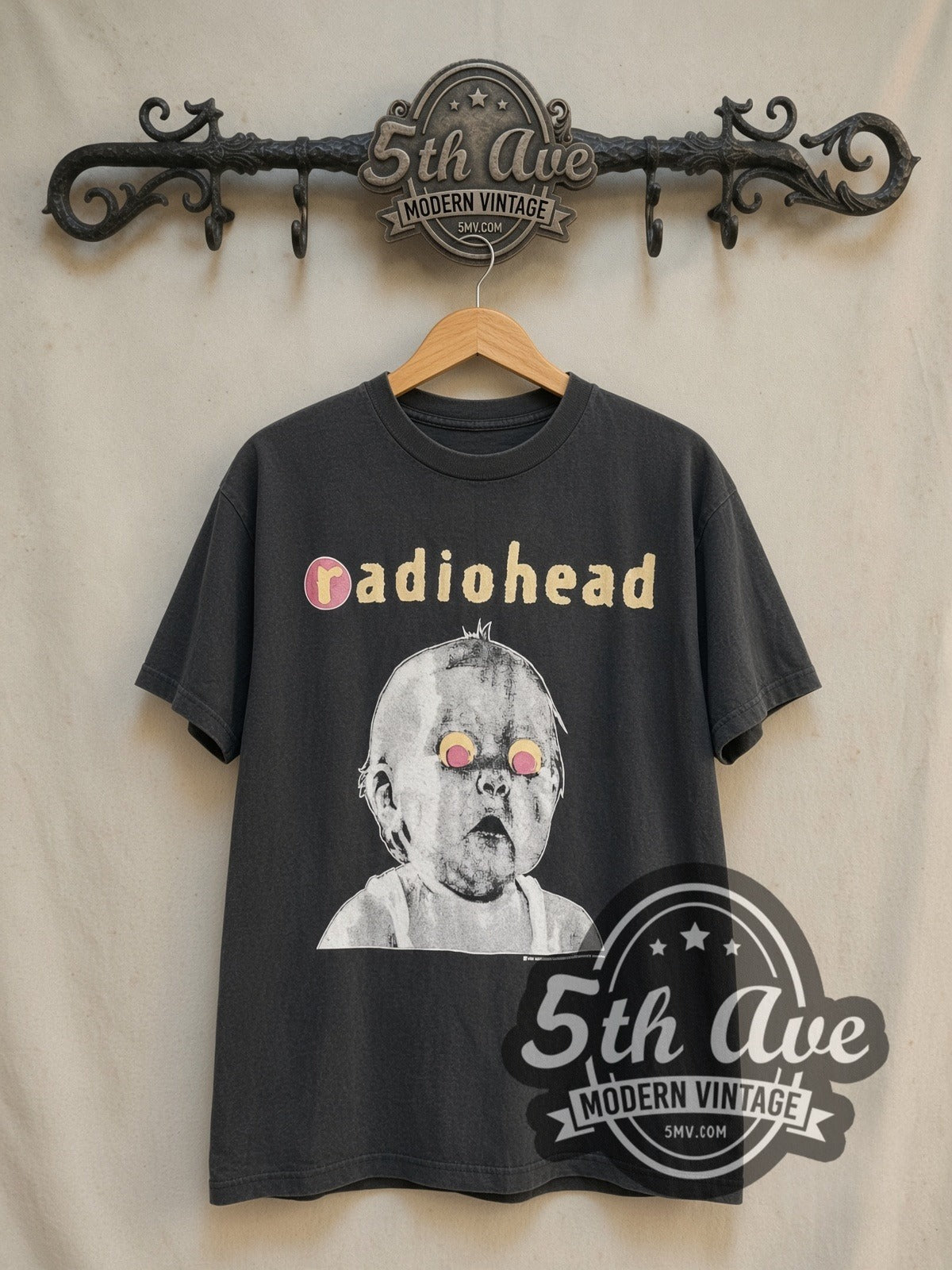 Radiohead Pablo Honey Tour Baby vintage band t-shirt in black, front view on the 5MV rack