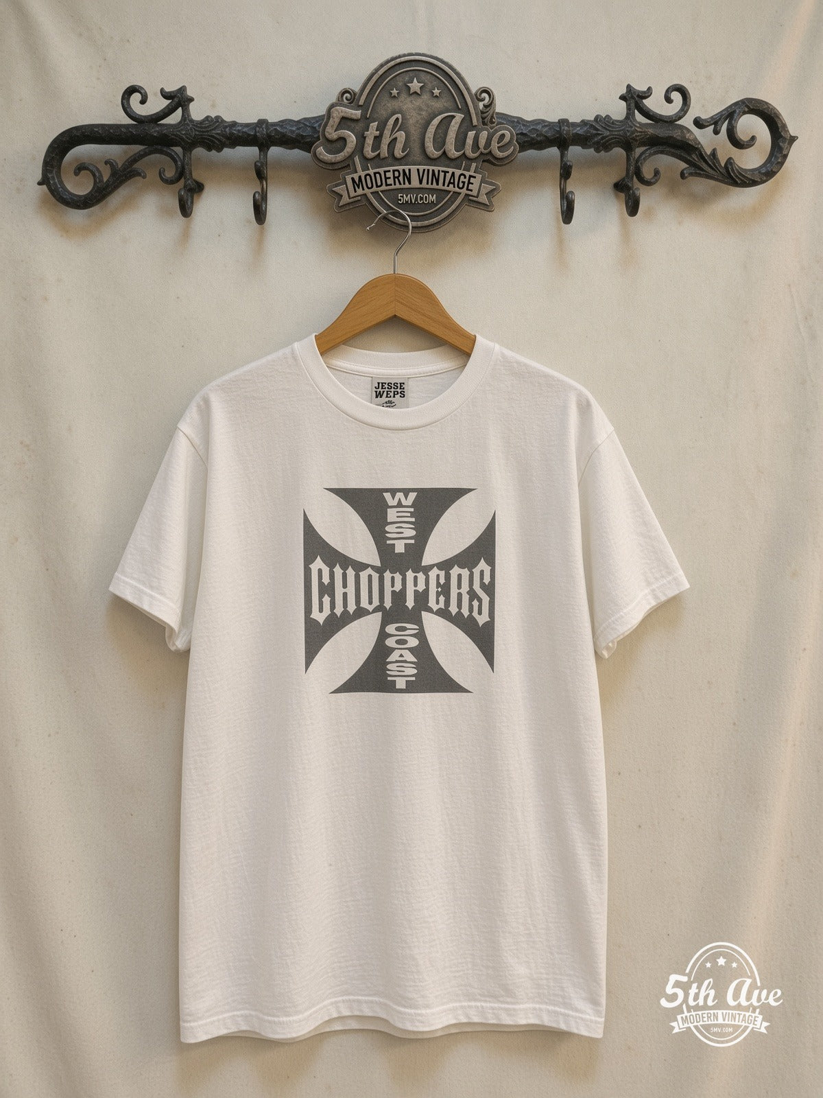 West Coast Choppers – Iron Cross Long Beach CA White – Vintage Graphic Tee — front on locked cream ornate 5th Ave rack
