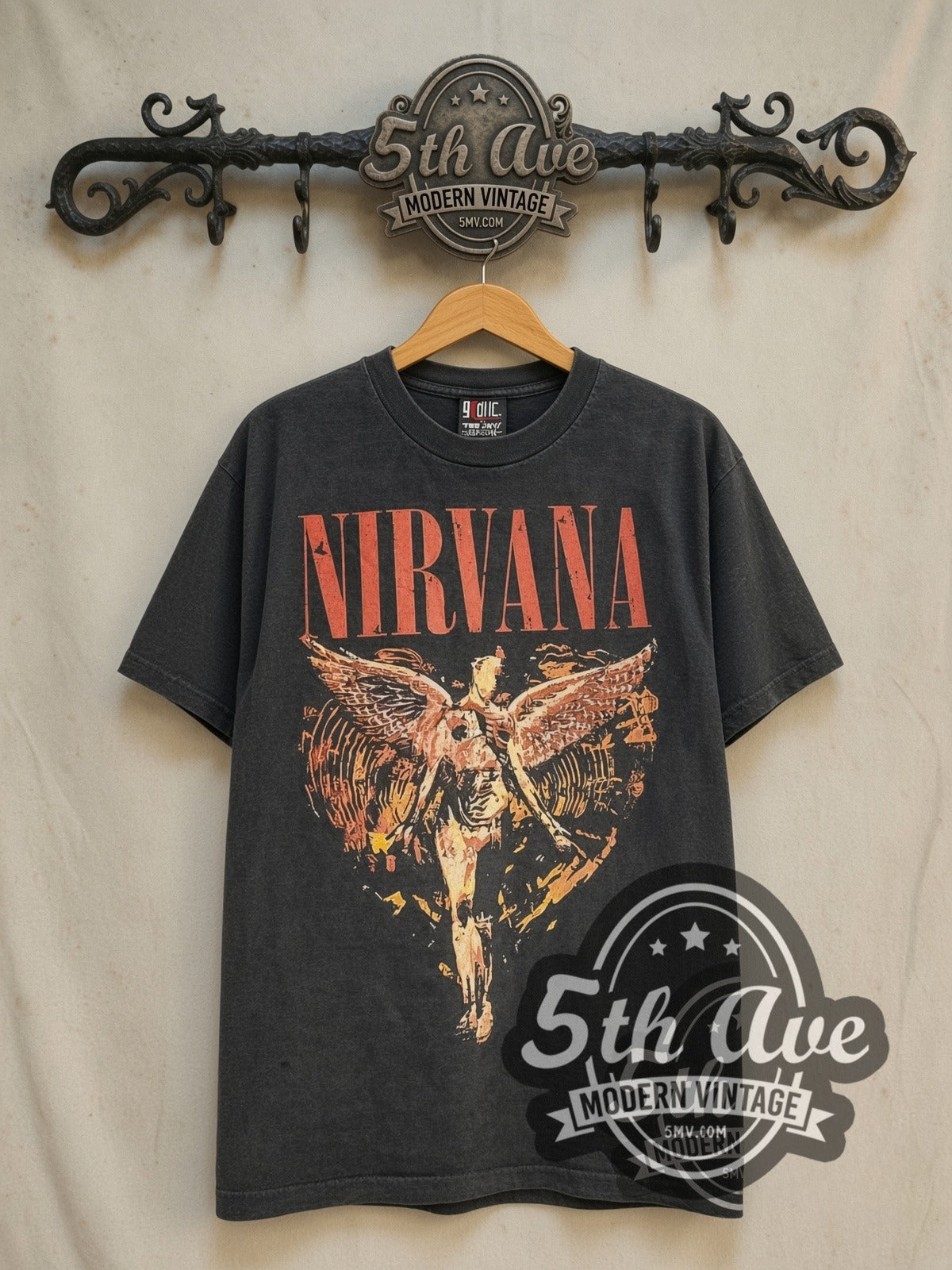 Nirvana In Utero Sketch Angel Heart-Shaped Box vintage band t-shirt in black, front view on the 5MV rack