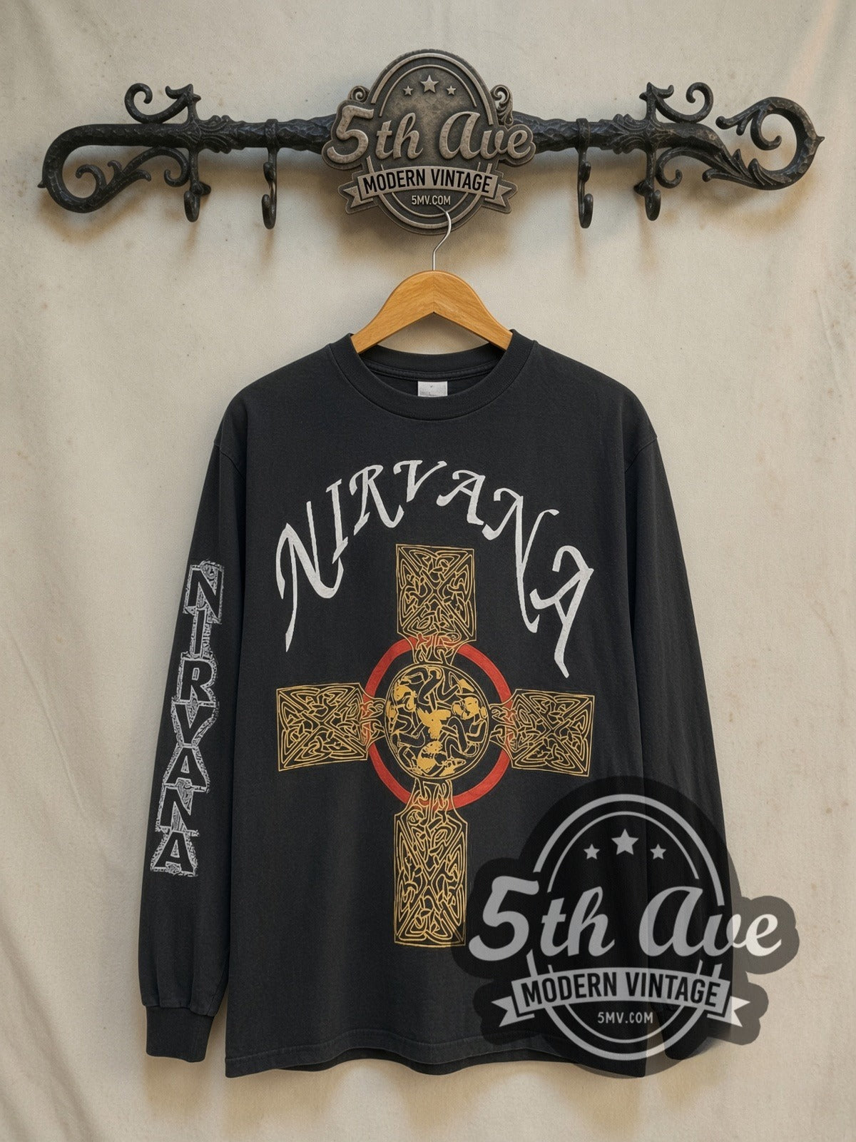 Nirvana Pagan Cross 1991 vintage band long sleeve t-shirt, front view on the 5MV rack