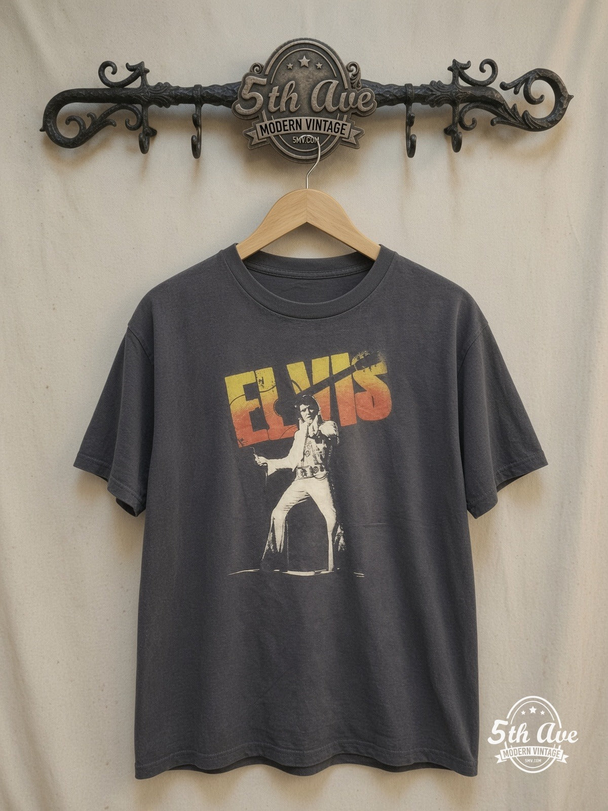 Elvis Vintage Band Tribute Tee – Vintage Band T-Shirt — front on locked cream ornate 5th Ave rack