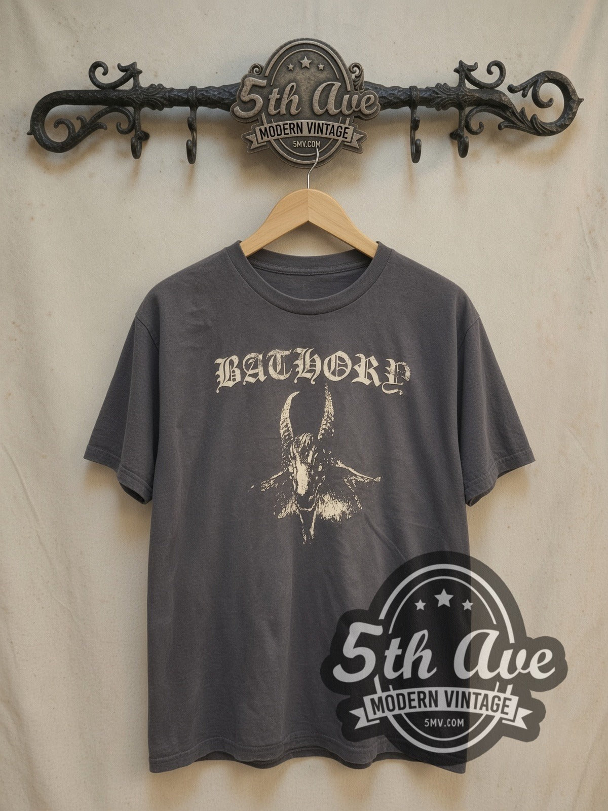 Bathory Goat Logo Pentagram Back vintage band t-shirt, front view on a display rack