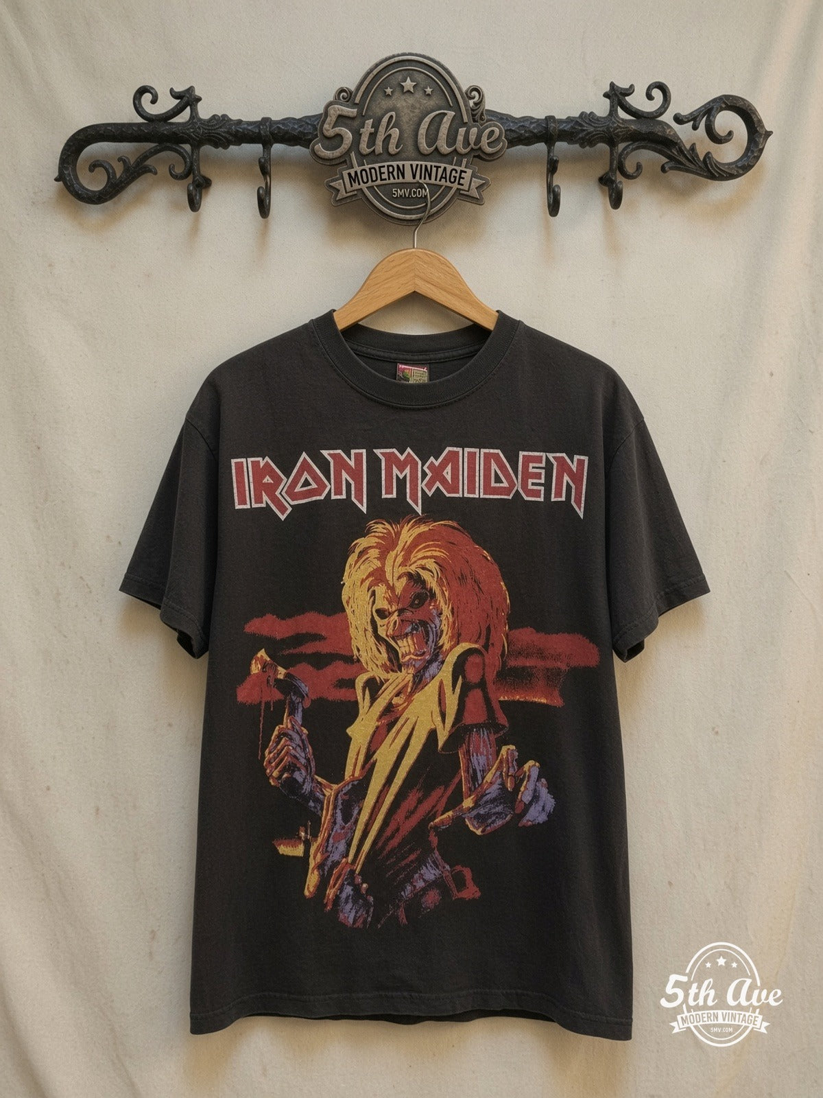 Iron Maiden – Latin America Tour 1996 – Vintage Band T-Shirt — front on locked cream ornate 5th Ave rack