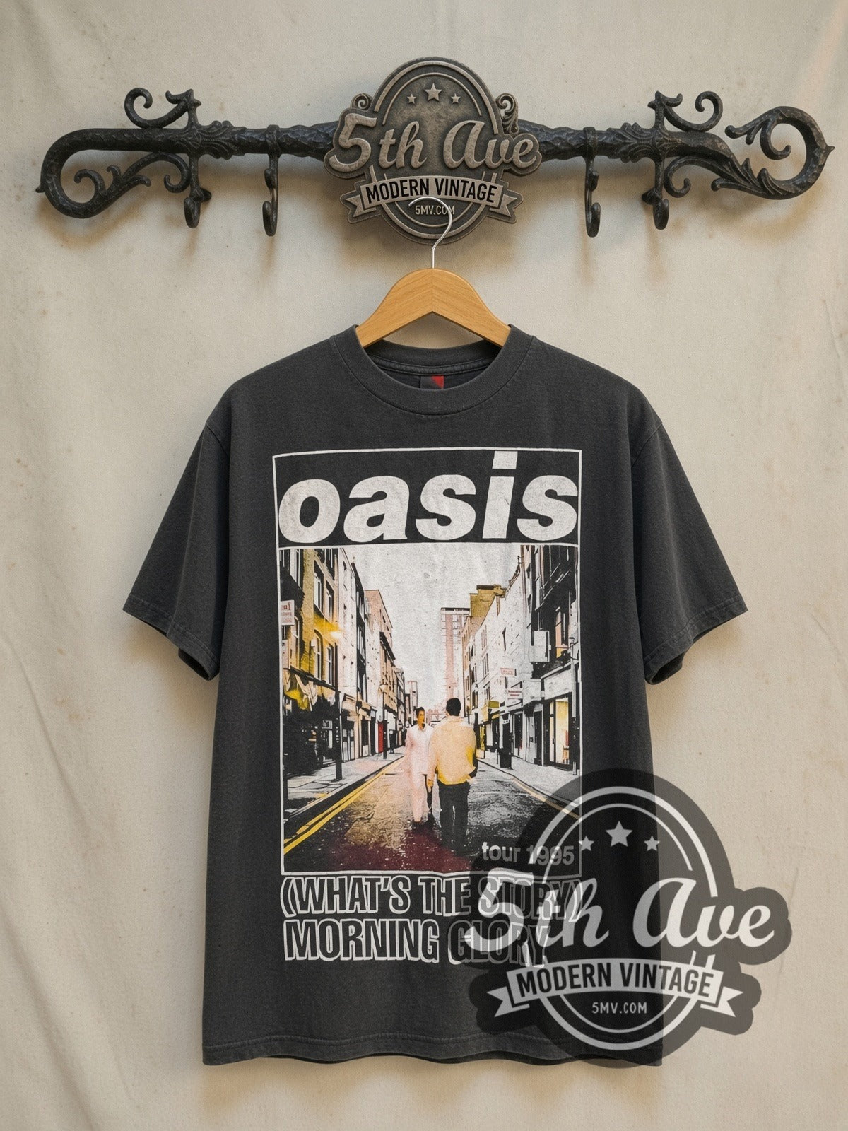 Oasis (What's the Story) Morning Glory?' Tour 1995 vintage band t-shirt in black, front view on a display rack