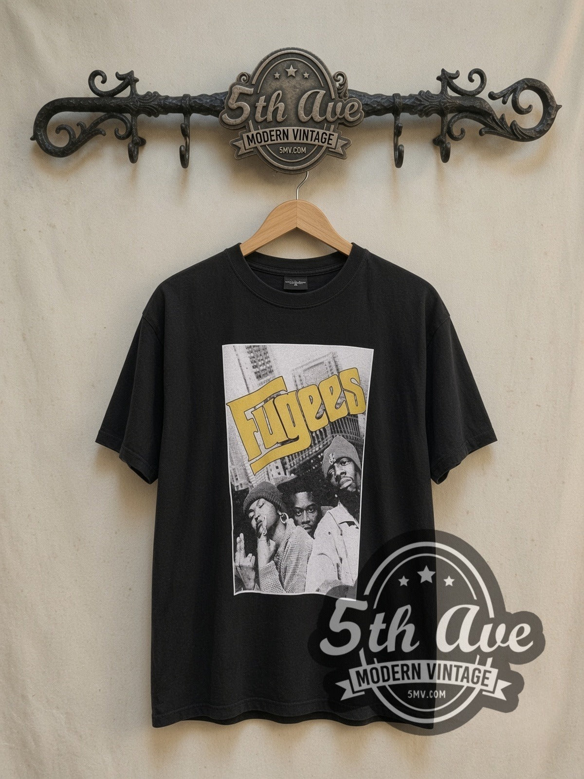 Fugees vintage rap tee, front view on the 5MV rack