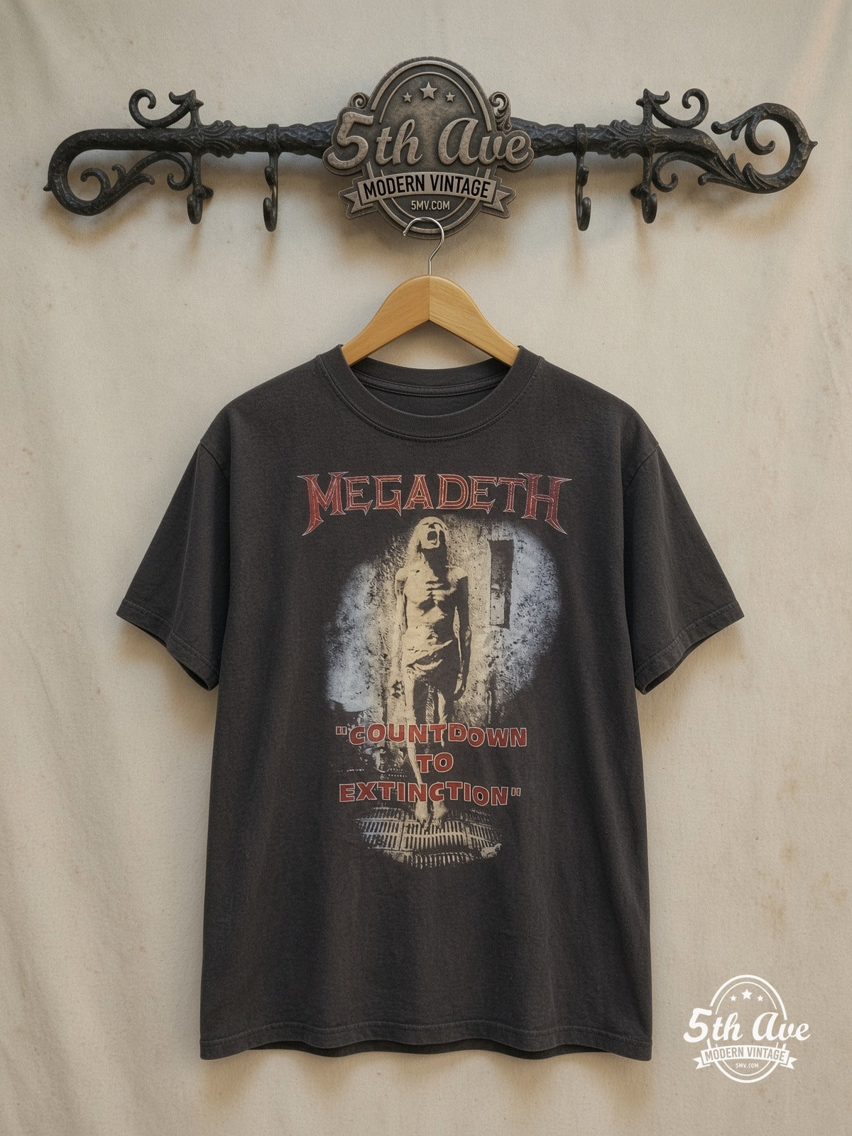 Megadeth – Countdown to Extinction' Graphic – Vintage Band T-Shirt — front on locked cream ornate 5th Ave rack