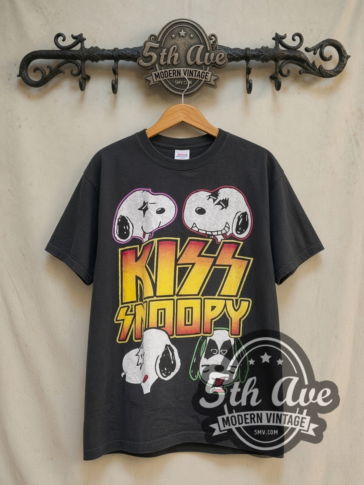 Peanuts KISS x Peanuts Rock Army vintage cartoon tee in black, front view on the 5MV rack