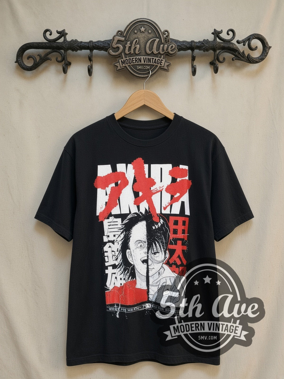 Akira Shotaro Kaneda and Tetsuo Shima vintage graphic t-shirt, front view on a display rack