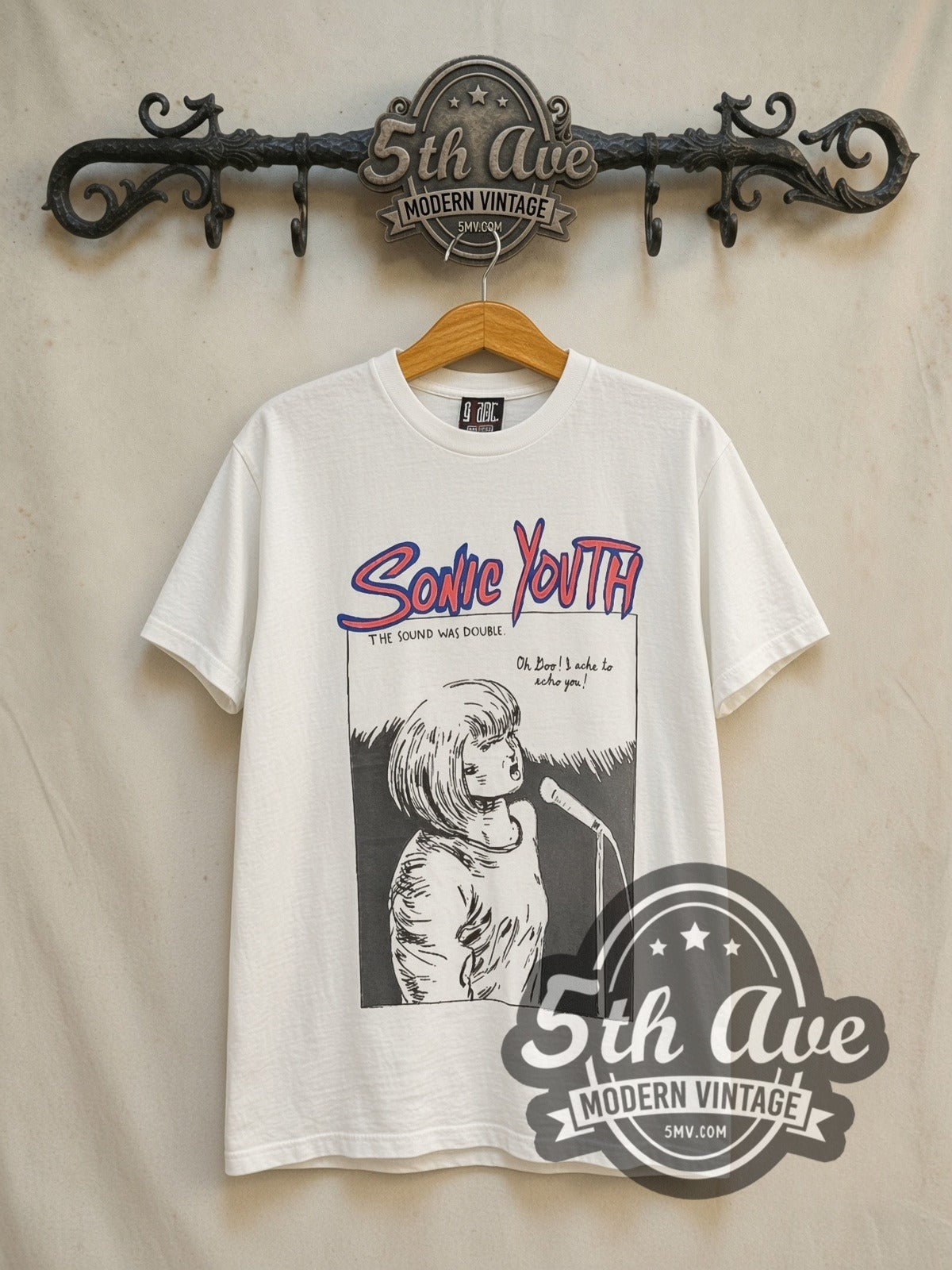 Sonic Youth Goo / I Left Behind vintage band t-shirt in white, front view on the 5MV rack