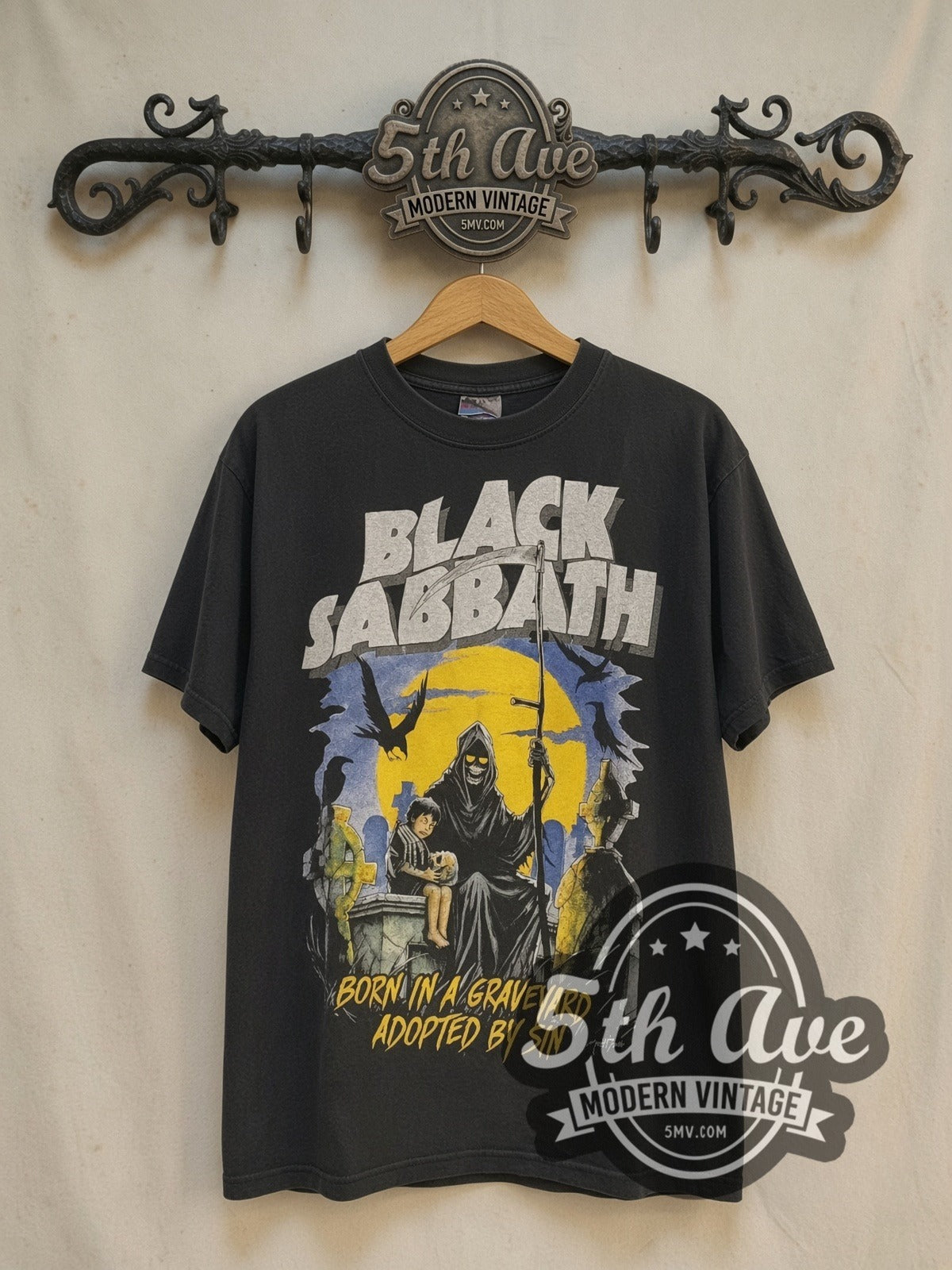 Black Sabbath Never Say Die Live on Tour 1978 vintage band t-shirt, front view on the 5MV rack
