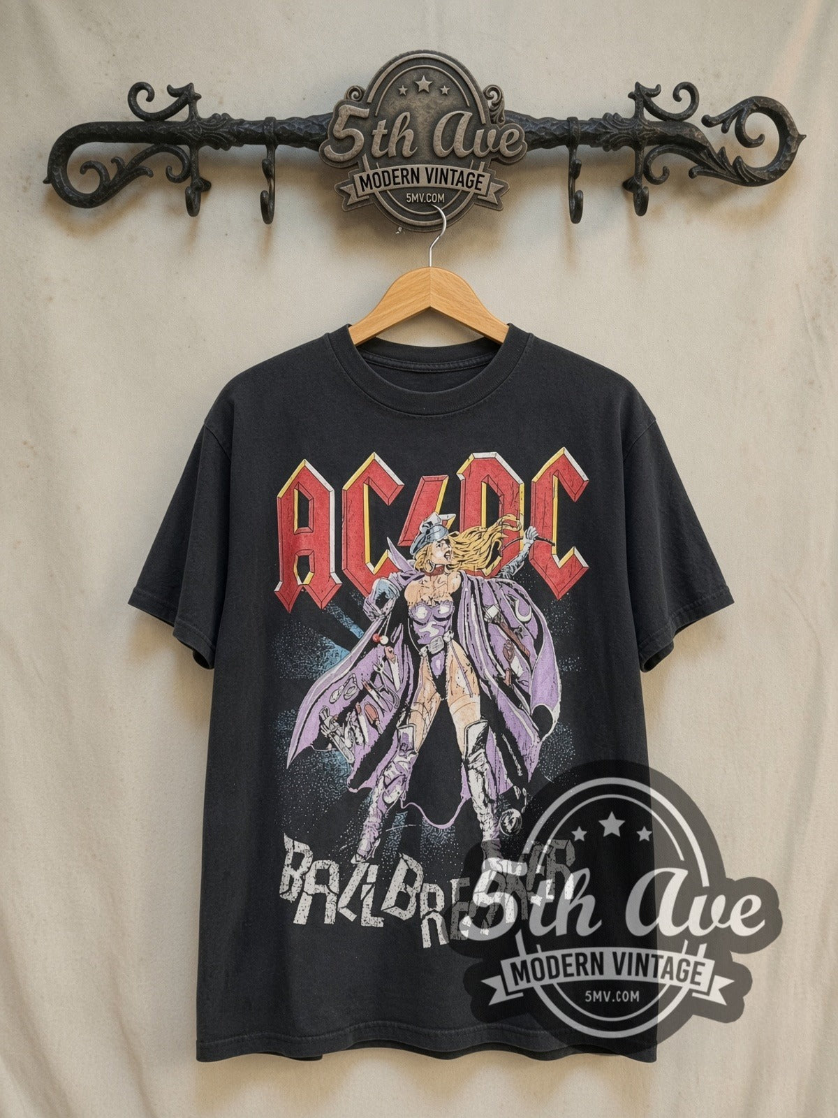AC/DC Ballbreaker' World Tour 1996 vintage band t-shirt in black, front view on a display rack