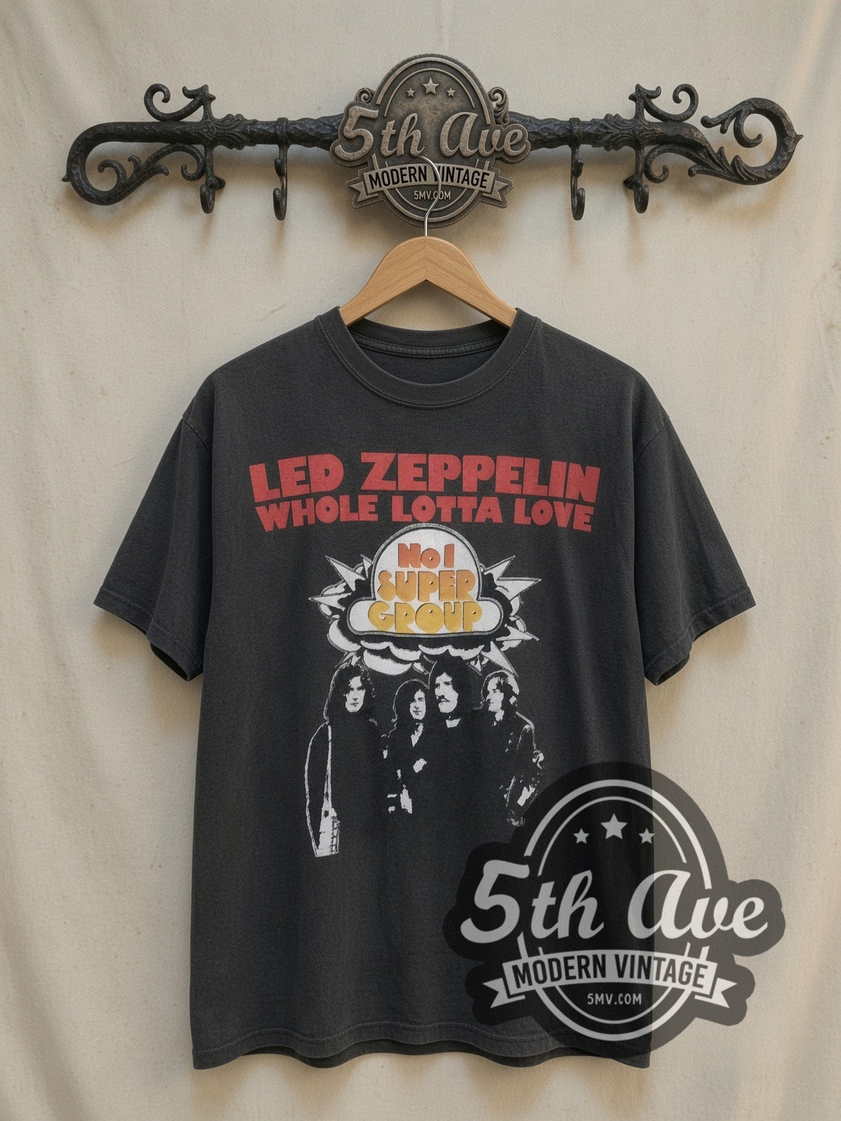 Led Zeppelin Whole Lotta Love vintage band t-shirt, front view on a display rack