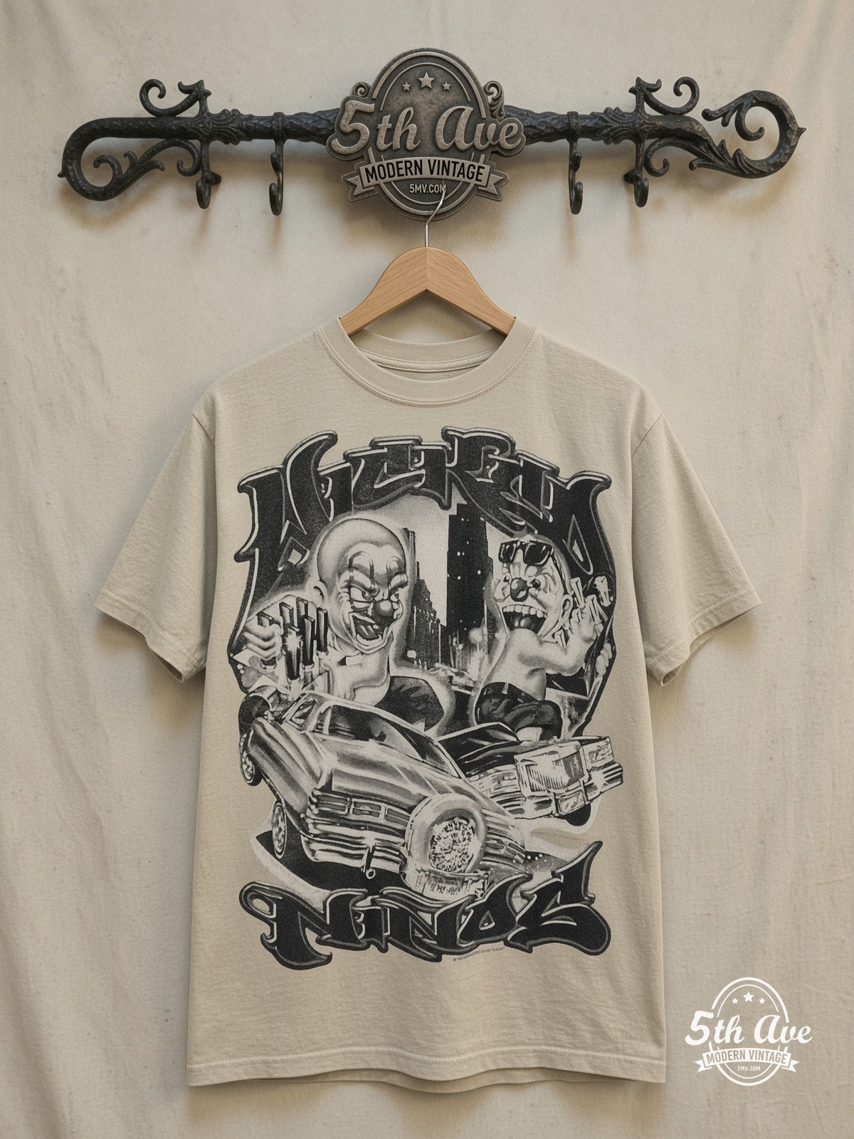 Rollin Hard – Lowrider Clowns – Vintage Graphic Tee — front on locked cream ornate 5th Ave rack