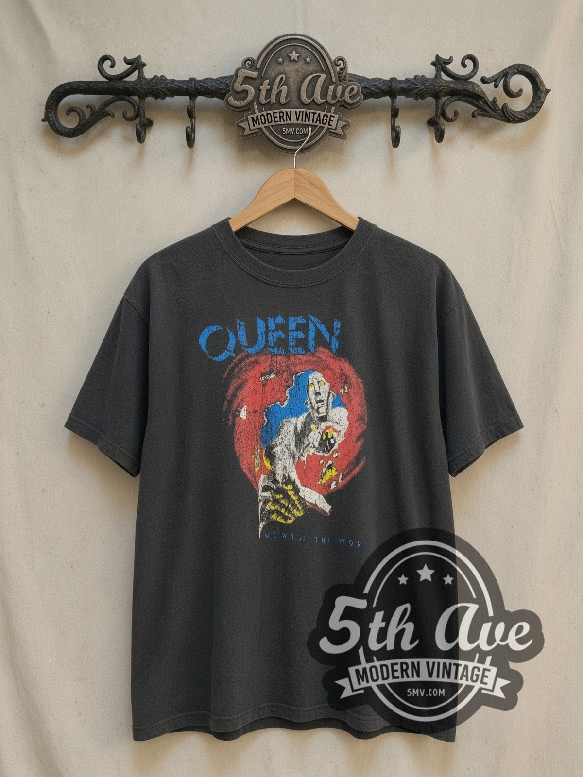 Queen News of the World vintage band t-shirt, front view on the 5MV rack