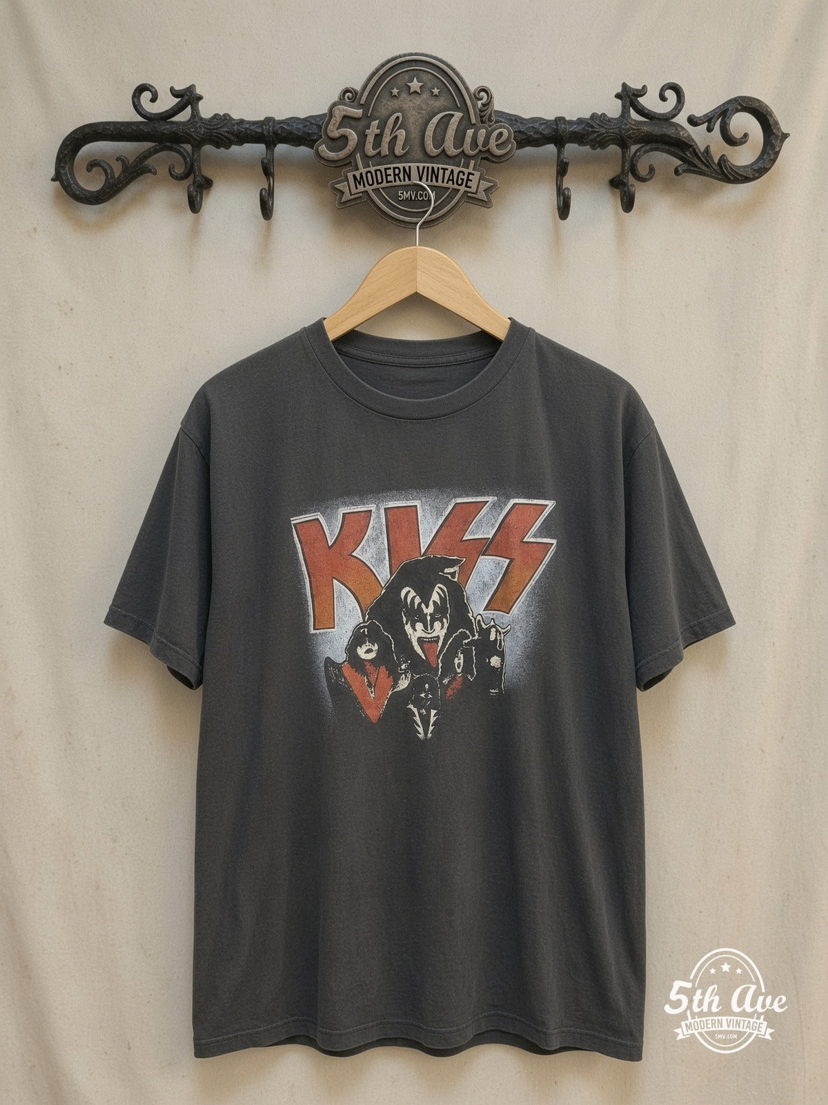 KISS – Vintage Band T-Shirt — front on locked cream ornate 5th Ave rack