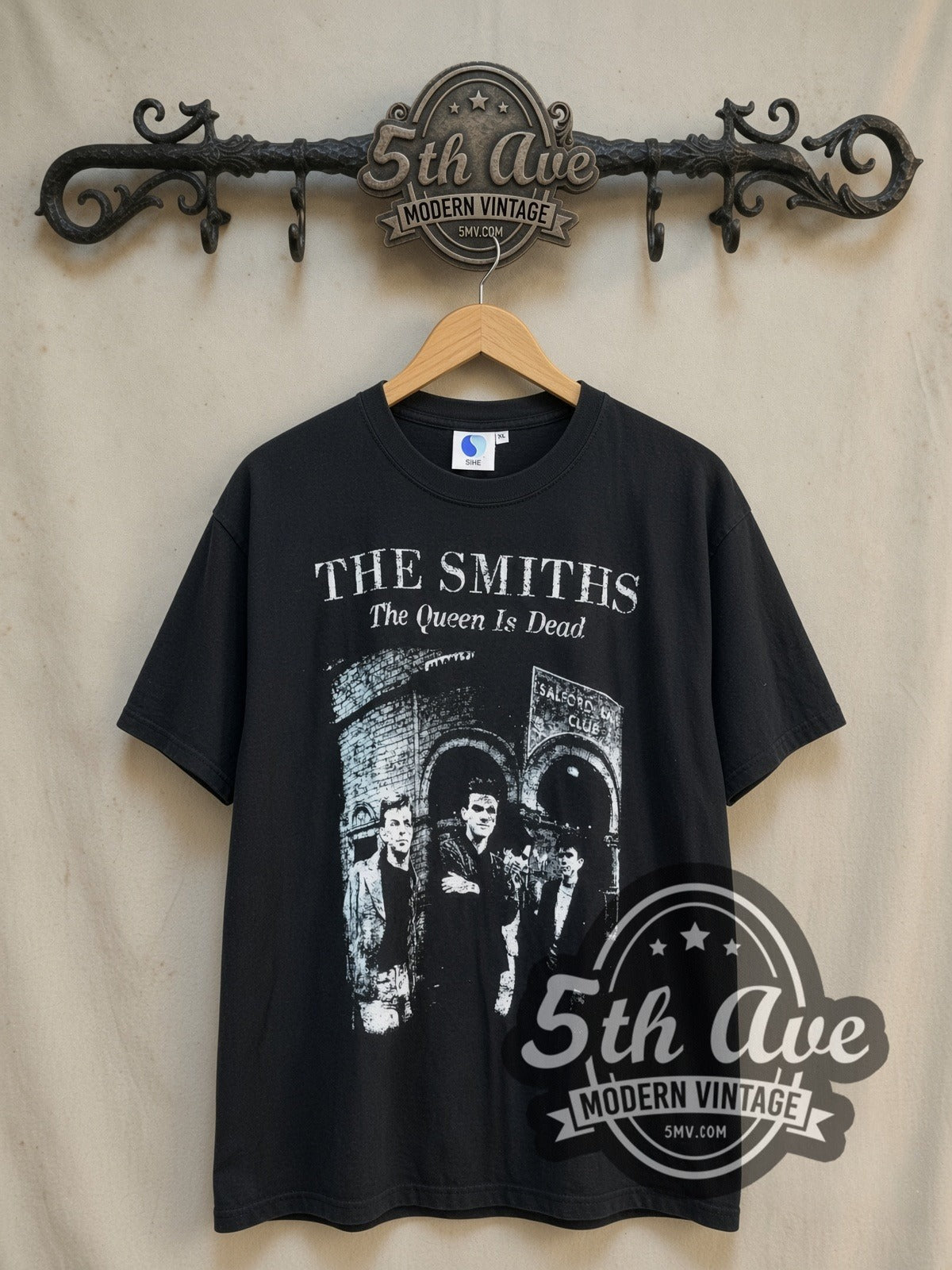 The Smiths The Queen Is Dead vintage band t-shirt, front view on a display rack