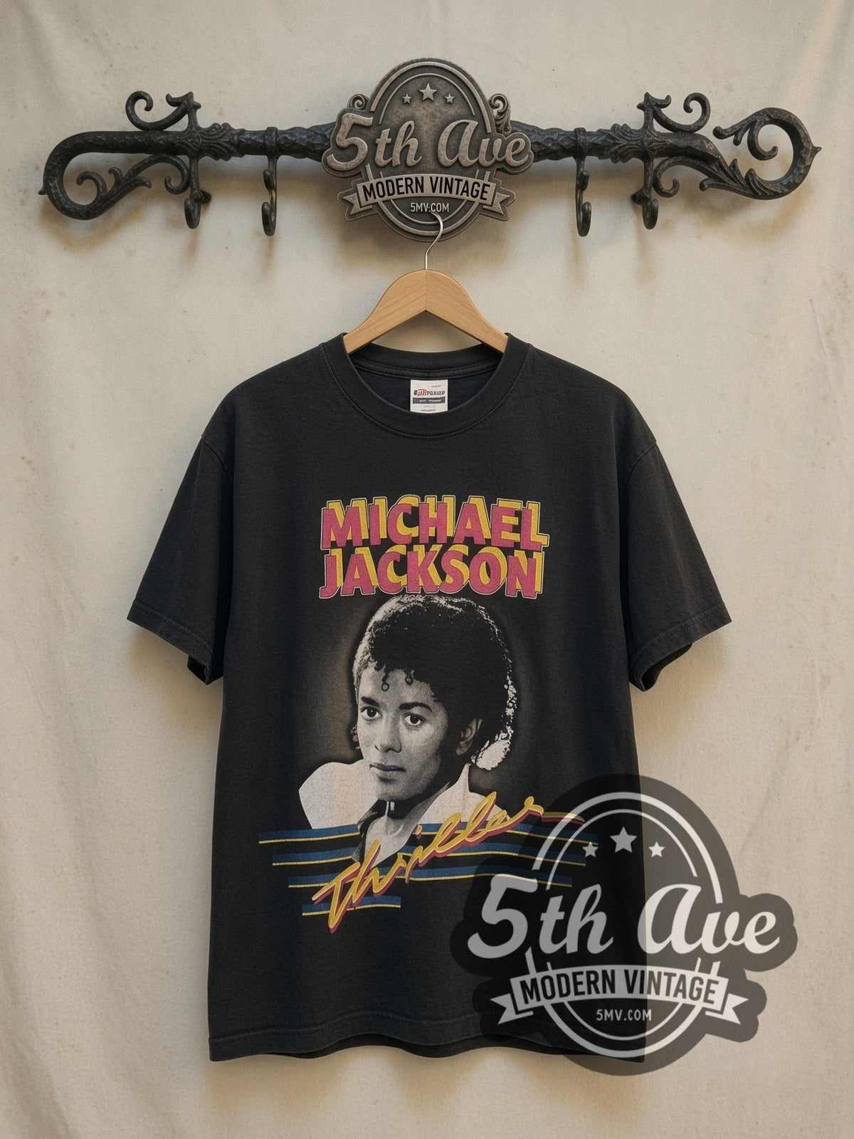 Michael Jackson Thriller Portrait Song List vintage band t-shirt, front view on the 5MV rack